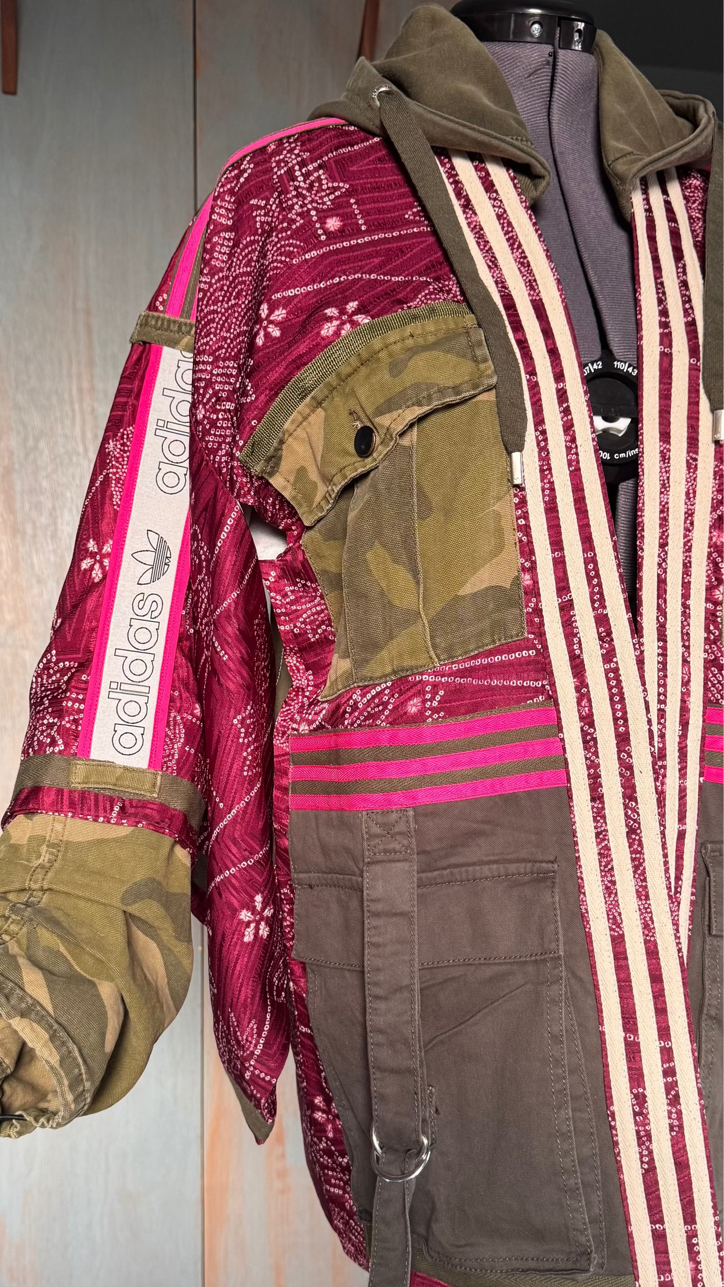 Burgundy Kimono Adidas logo - khaki hooded