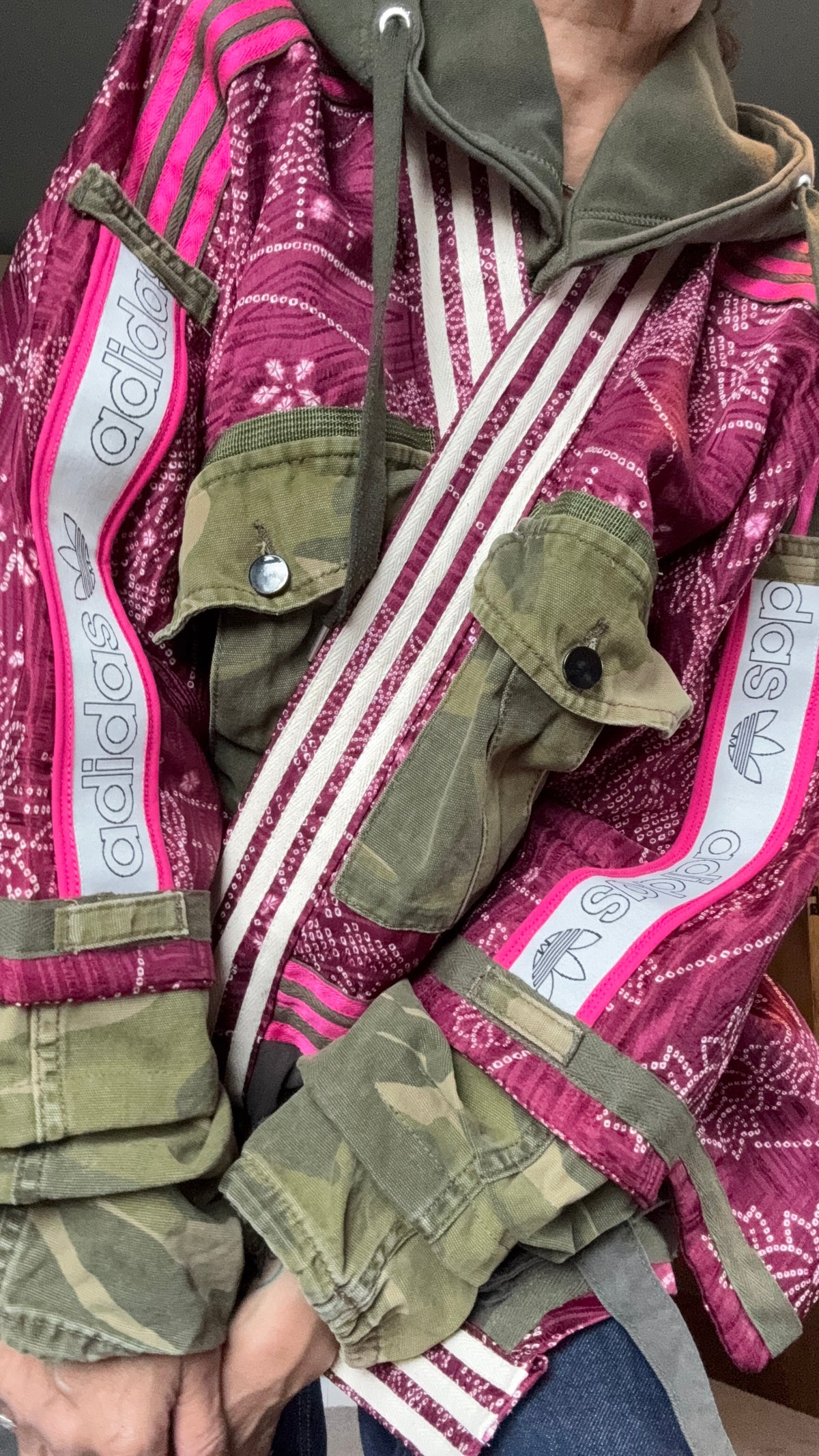 Burgundy Kimono Adidas logo - khaki hooded