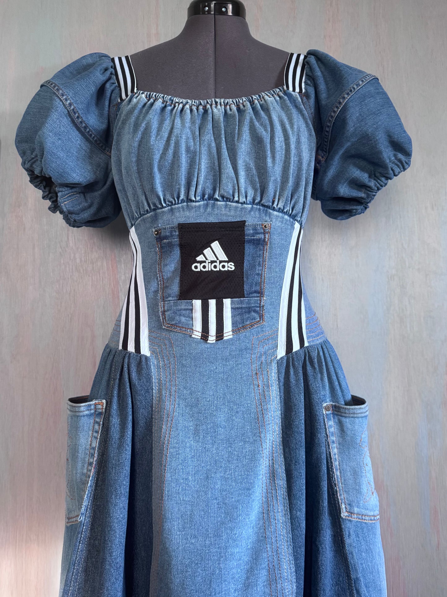Reworked Adidas Denim Dress, Puff Sleeve Patchwork Dress, Upcycled Jeans Dress, 3 Stripe Detail, One of a Kind
