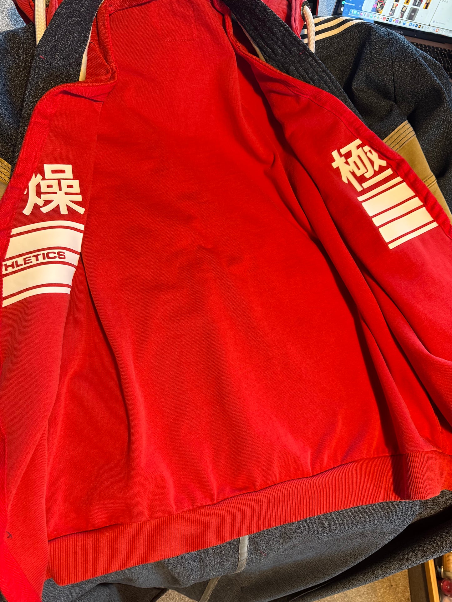 Oversized Wool Adidas Kimono – Hooded Retro Patchwork Utility Coat BLUE & RED