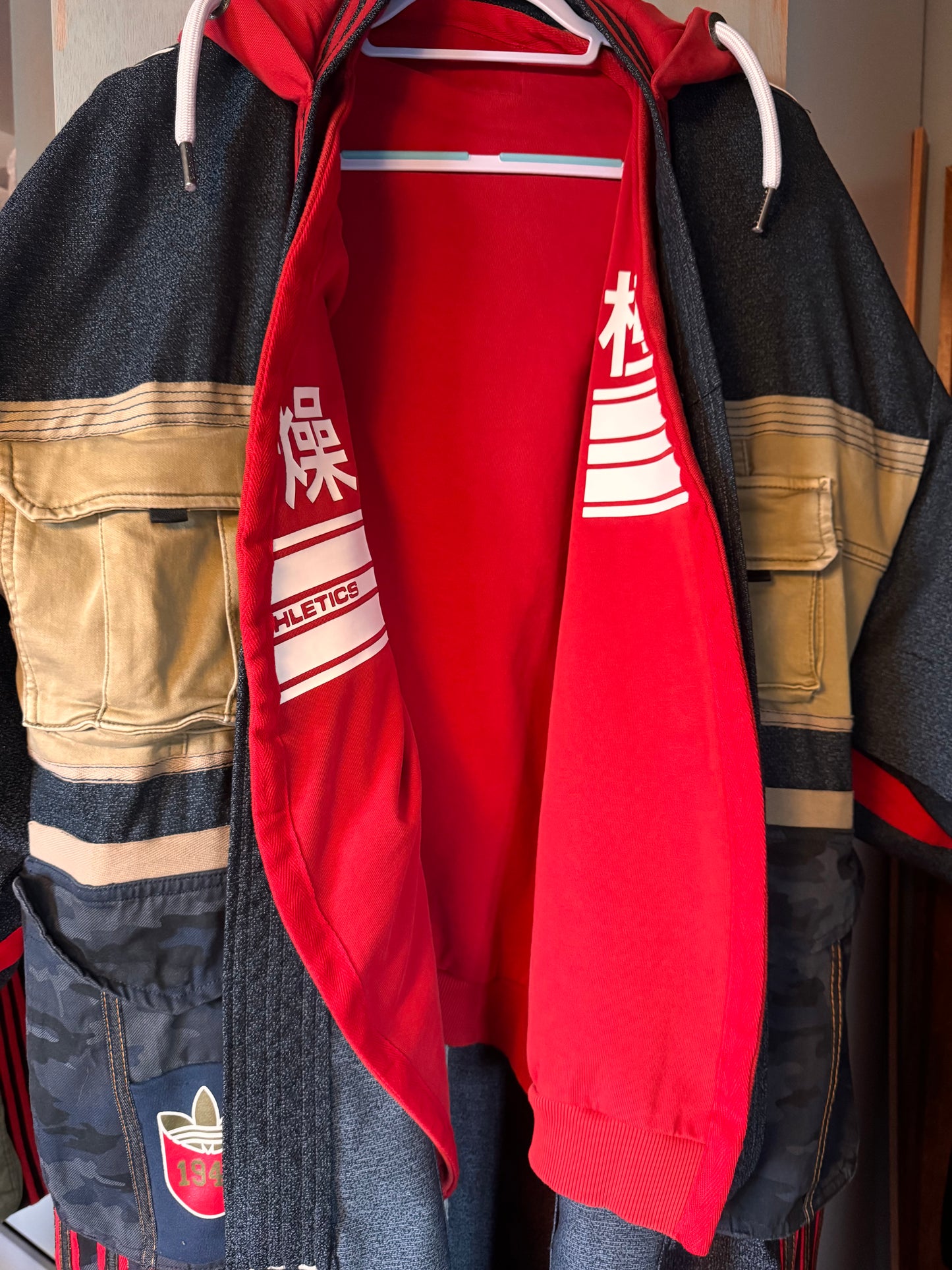 Oversized Wool Adidas Kimono – Hooded Retro Patchwork Utility Coat BLUE & RED