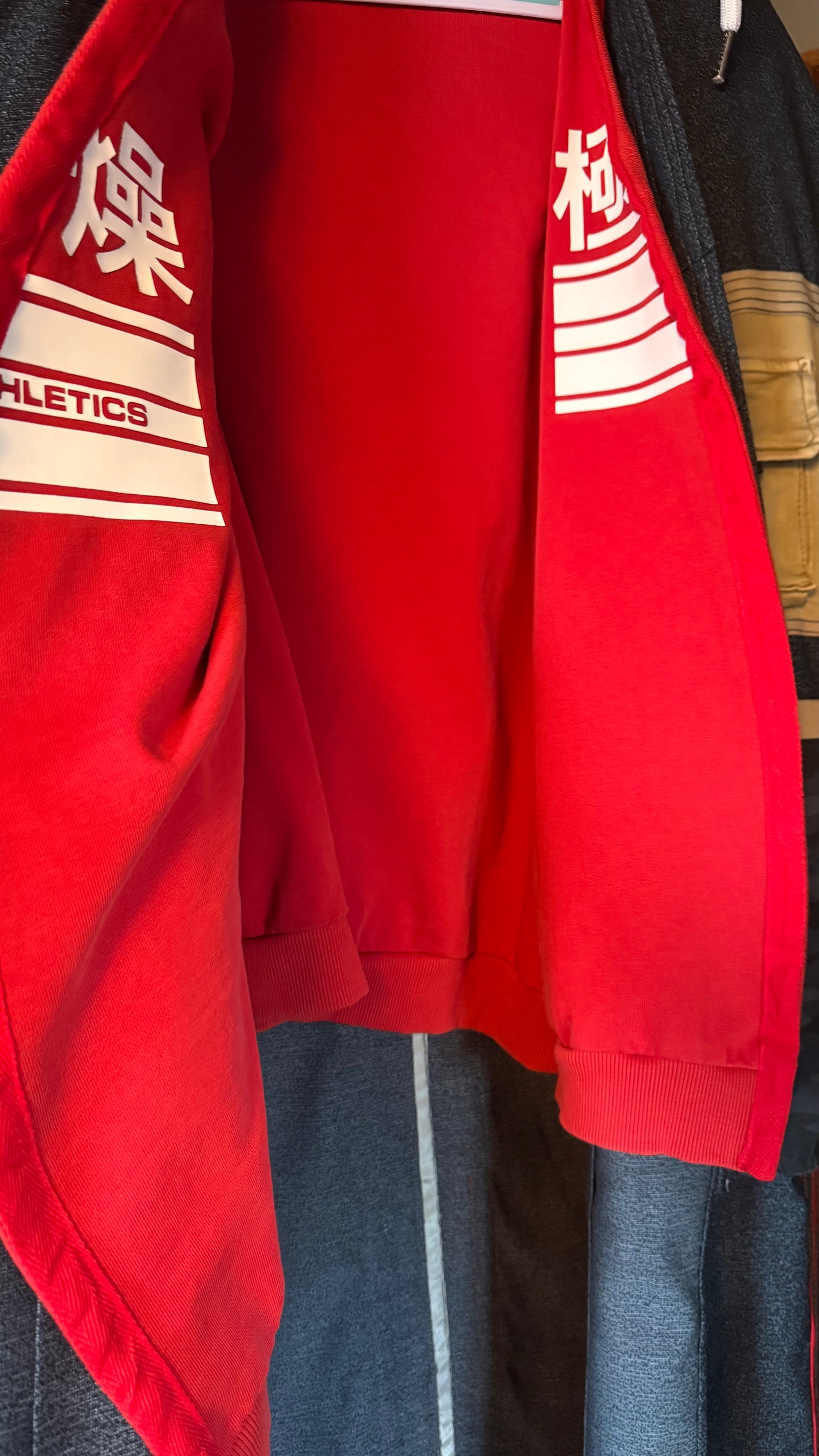 Oversized Wool Adidas Kimono – Hooded Retro Patchwork Utility Coat BLUE & RED