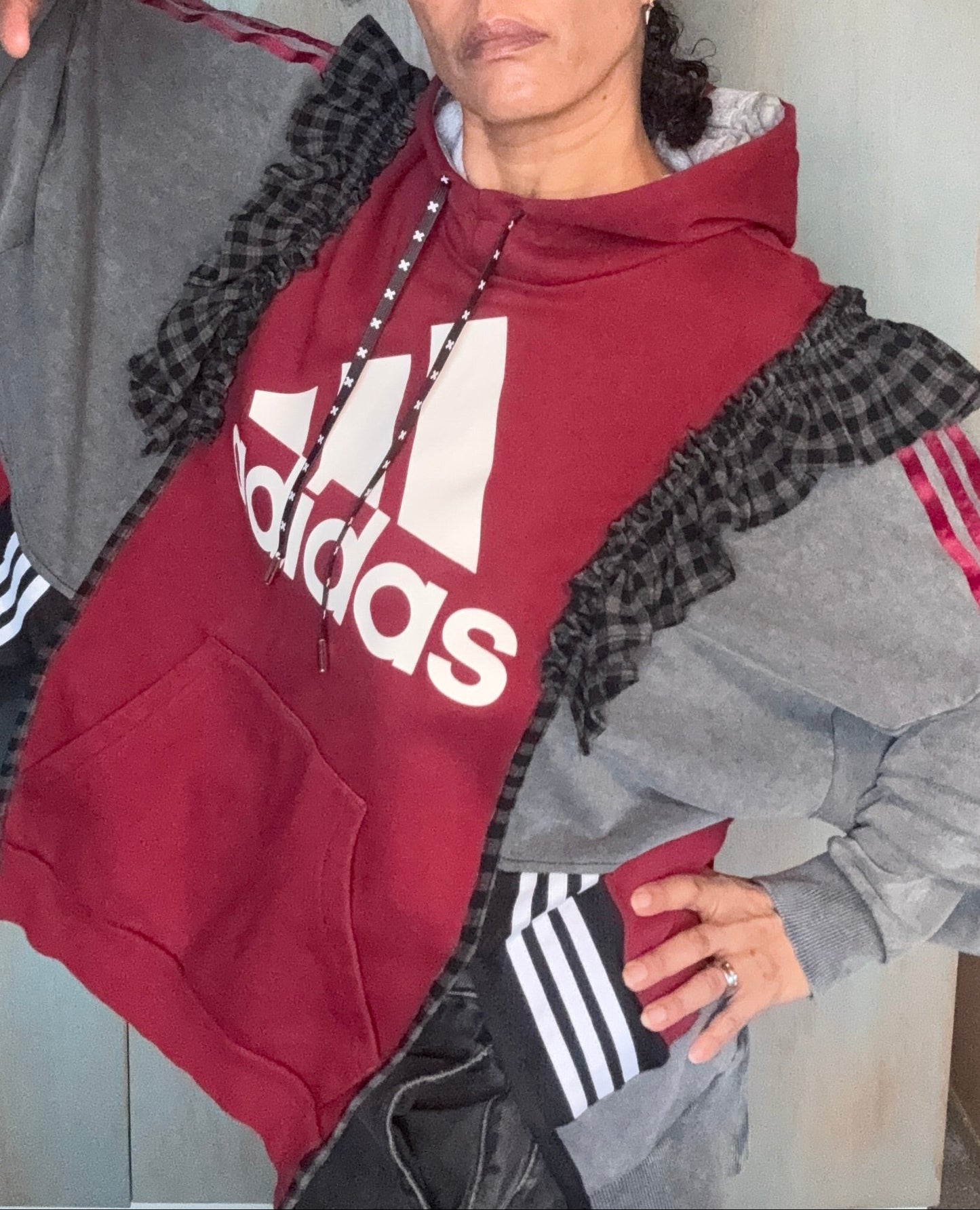 Adidas Reworked hoodie-smiley face reverse applique detail, gingham frill on sleeve grey and burgundy