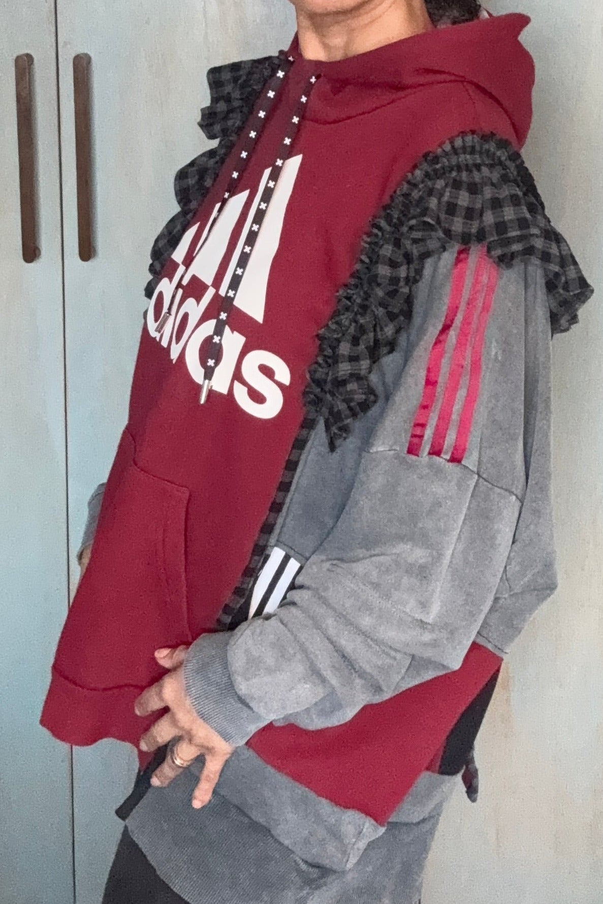 Adidas Reworked hoodie-smiley face reverse applique detail, gingham frill on sleeve grey and burgundy