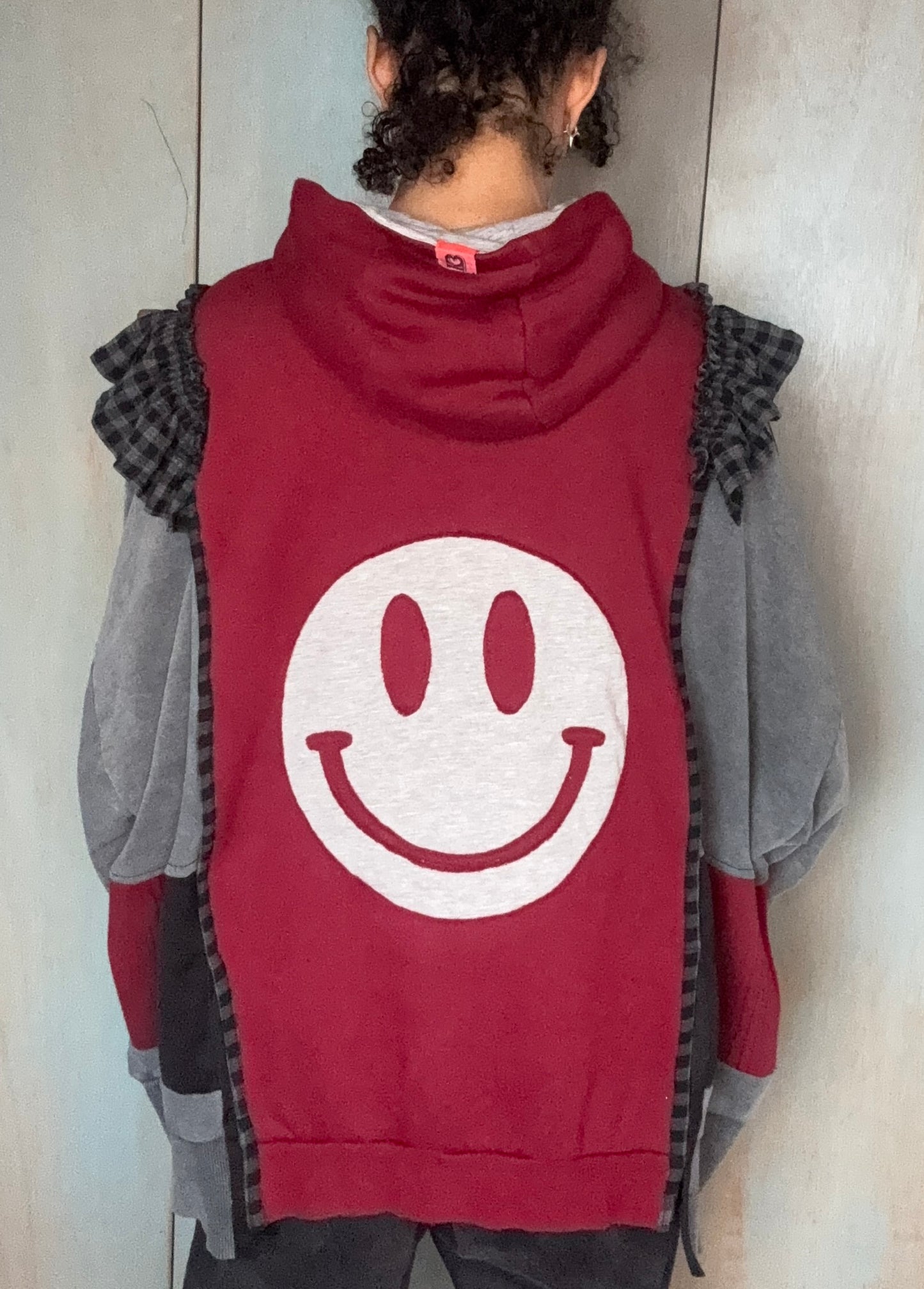 Adidas Reworked hoodie-smiley face reverse applique detail, gingham frill on sleeve grey and burgundy