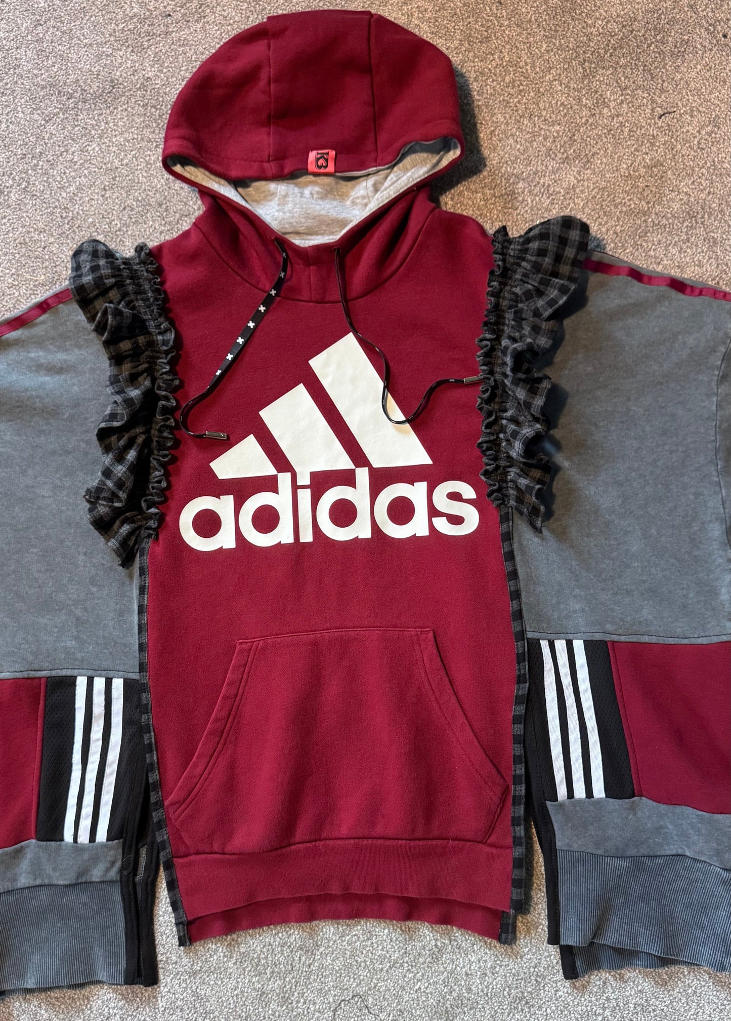 Adidas Reworked hoodie-smiley face reverse applique detail, gingham frill on sleeve grey and burgundy