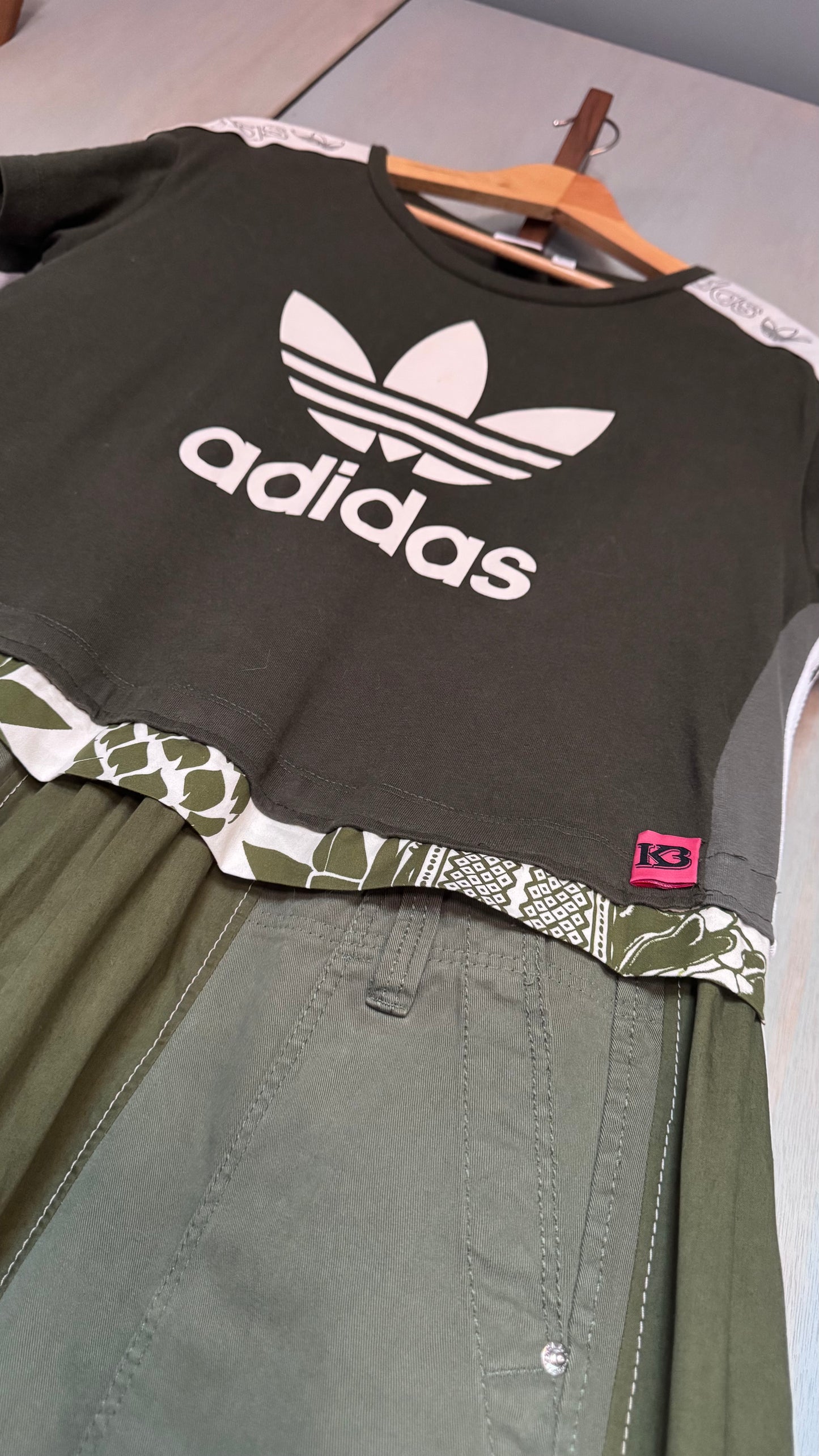 Reworked Adidas Khaki Green Maxi Dress | Oversized Trapeze Cargo Dress | 8 Pocket Utility Dress | Stripe Detail | One Size