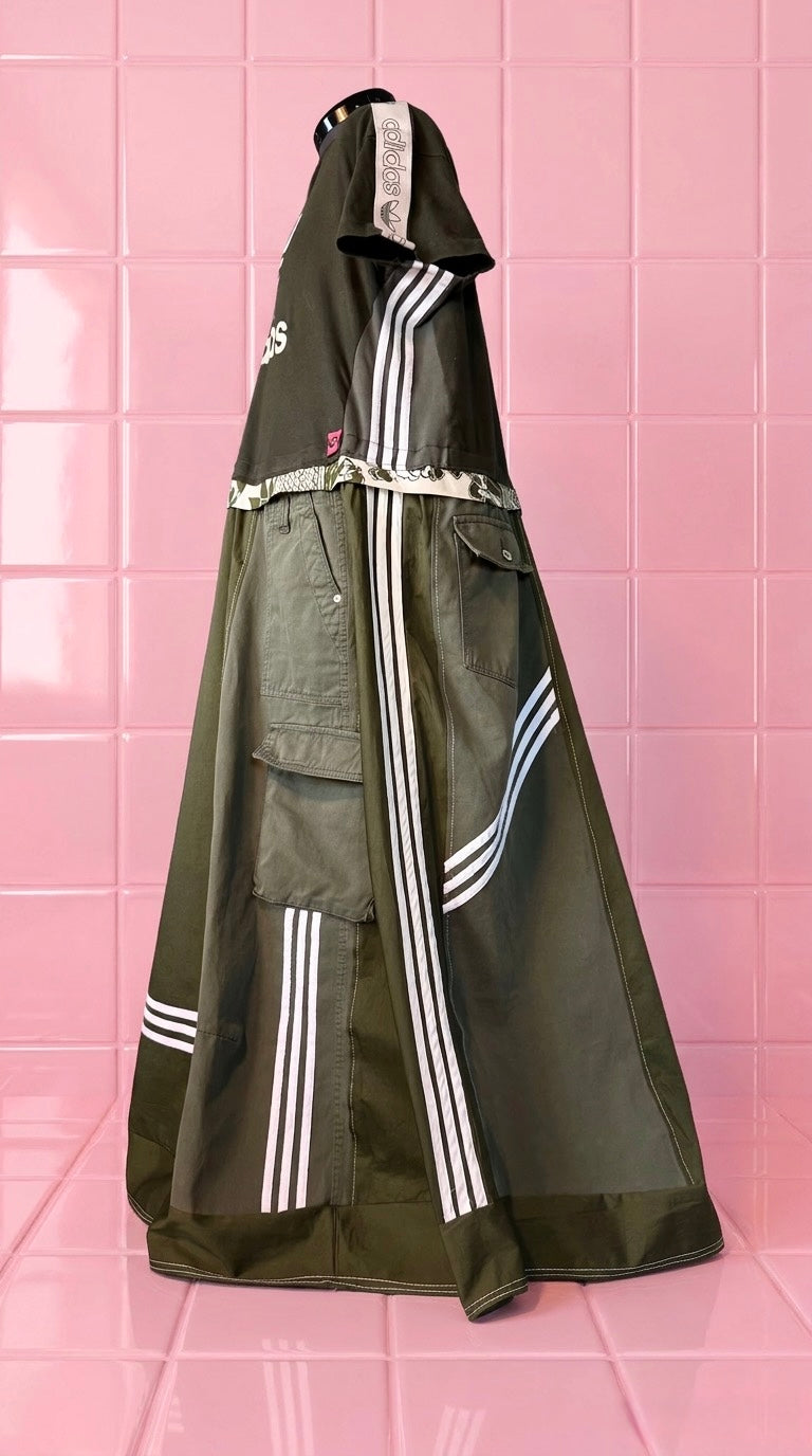 Reworked Adidas Khaki Green Maxi Dress | Oversized Trapeze Cargo Dress | 8 Pocket Utility Dress | Stripe Detail | One Size