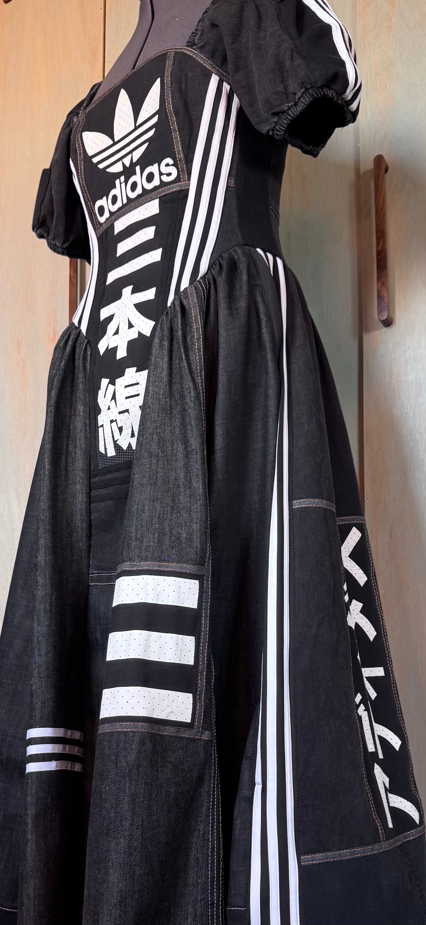 Adidas Reworked Corset Maxi Dress | Monochrome Sports Luxe Statement Dress | Upcycled One-Off Piece