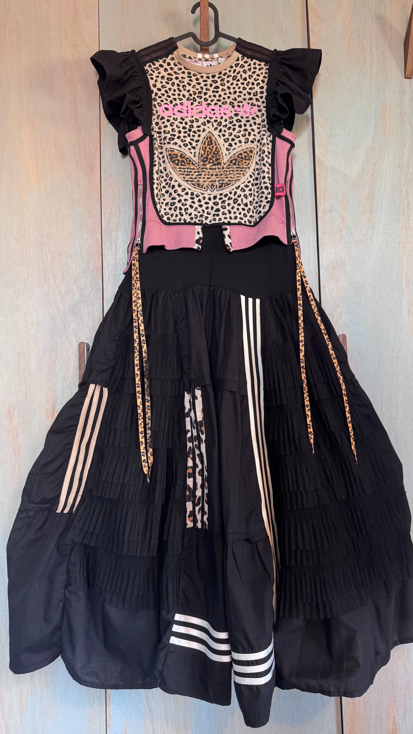 Adidas Reworked Leopard Bib Dress | Layered Tulle Maxi Dress | Pink Logo Statement Dress | Upcycled Adidas Festival Dress