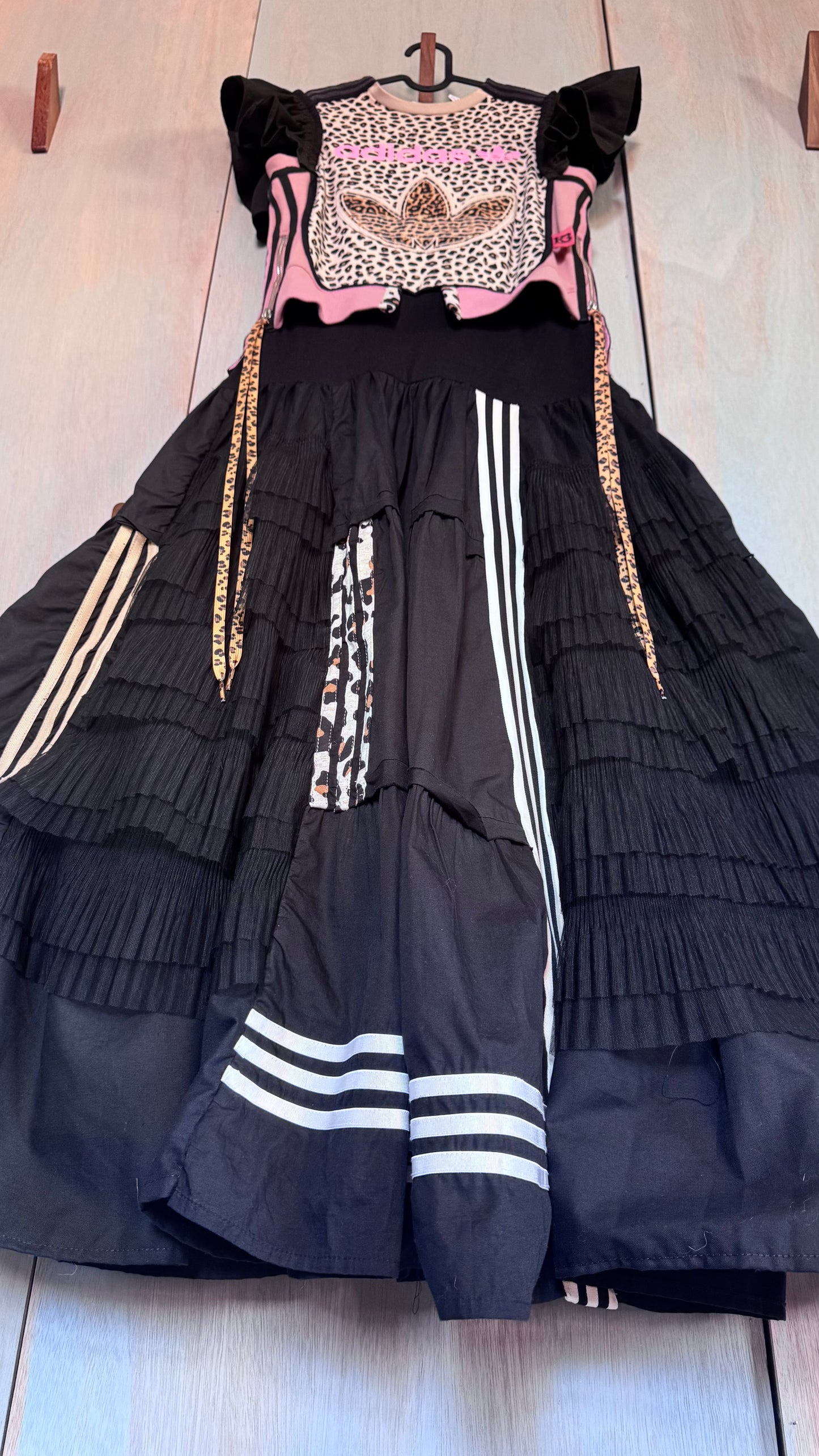 Adidas Reworked Leopard Bib Dress | Layered Tulle Maxi Dress | Pink Logo Statement Dress | Upcycled Adidas Festival Dress