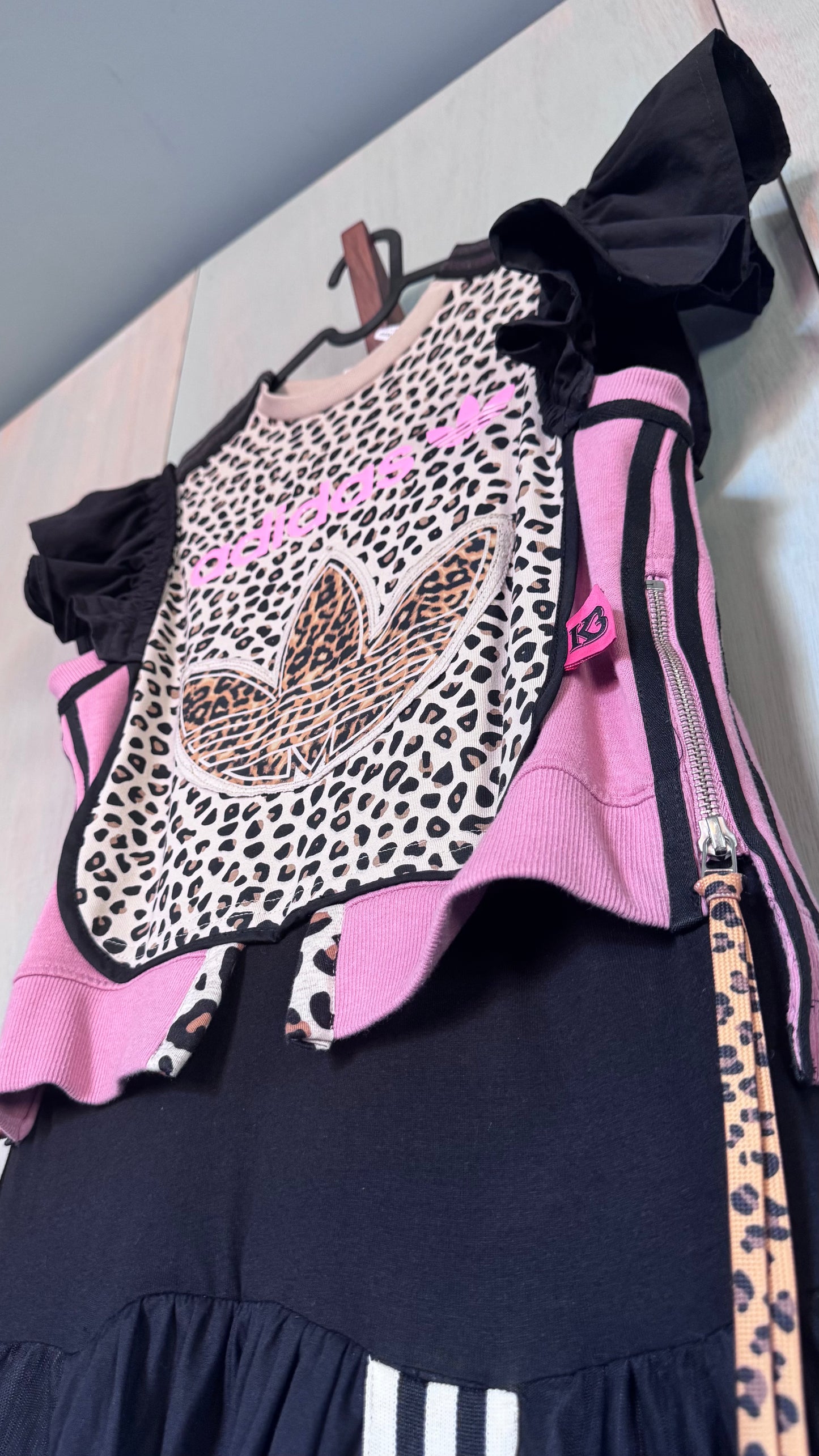 Adidas Reworked Leopard Bib Dress | Layered Tulle Maxi Dress | Pink Logo Statement Dress | Upcycled Adidas Festival Dress