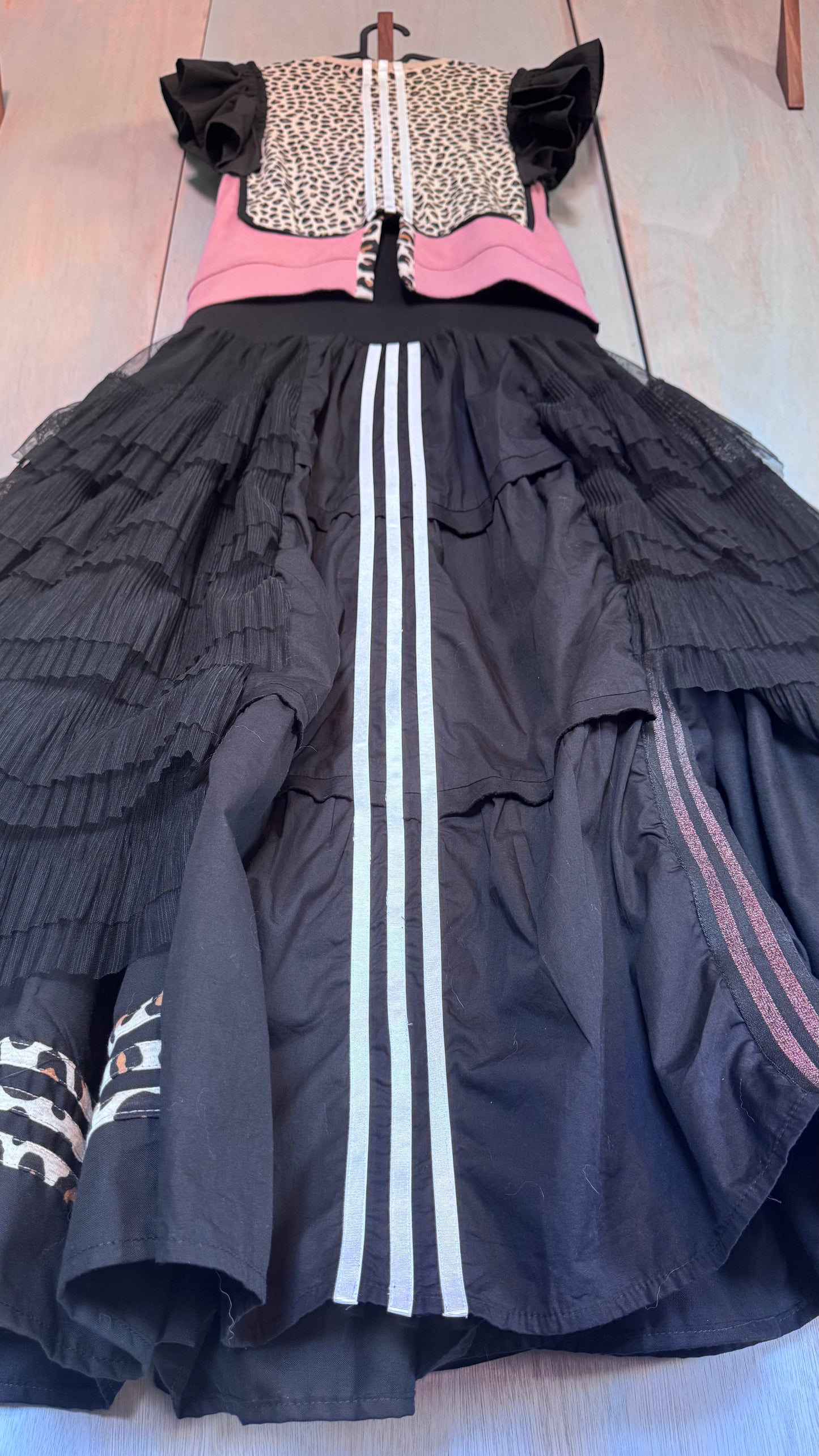 Adidas Reworked Leopard Bib Dress | Layered Tulle Maxi Dress | Pink Logo Statement Dress | Upcycled Adidas Festival Dress
