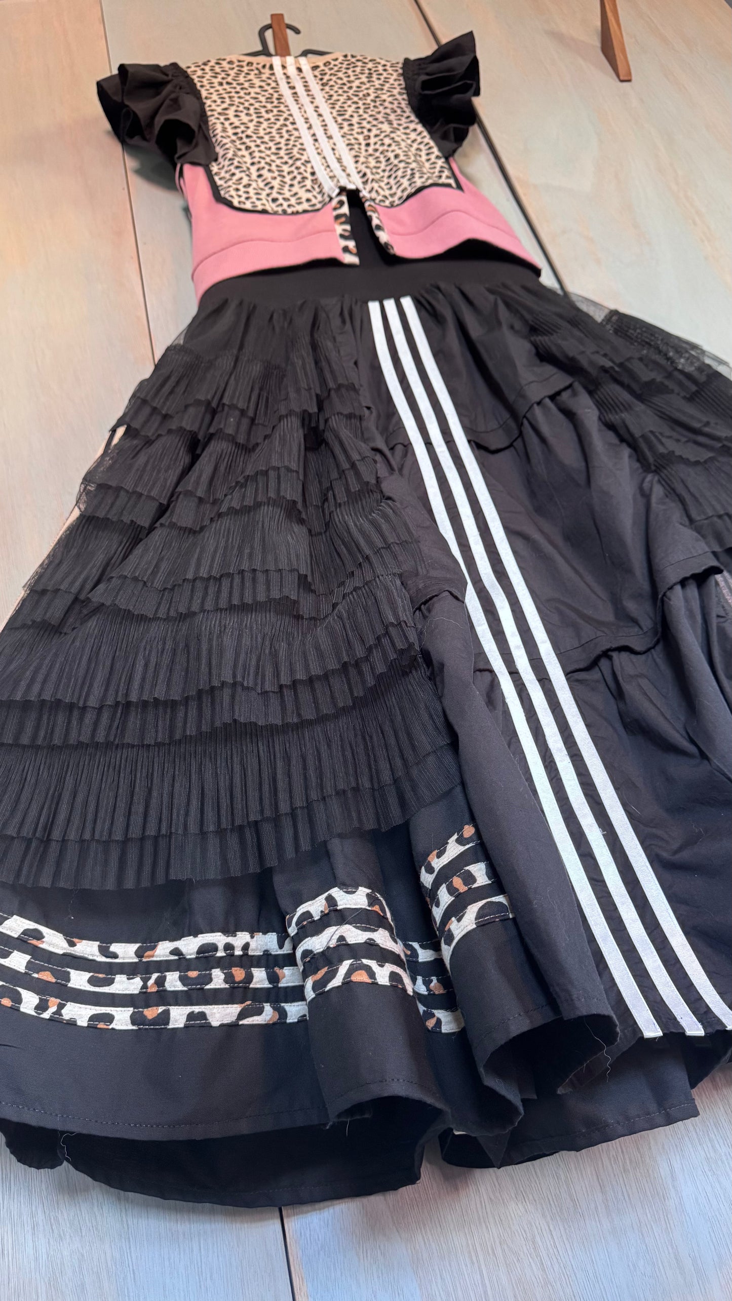 Adidas Reworked Leopard Bib Dress | Layered Tulle Maxi Dress | Pink Logo Statement Dress | Upcycled Adidas Festival Dress