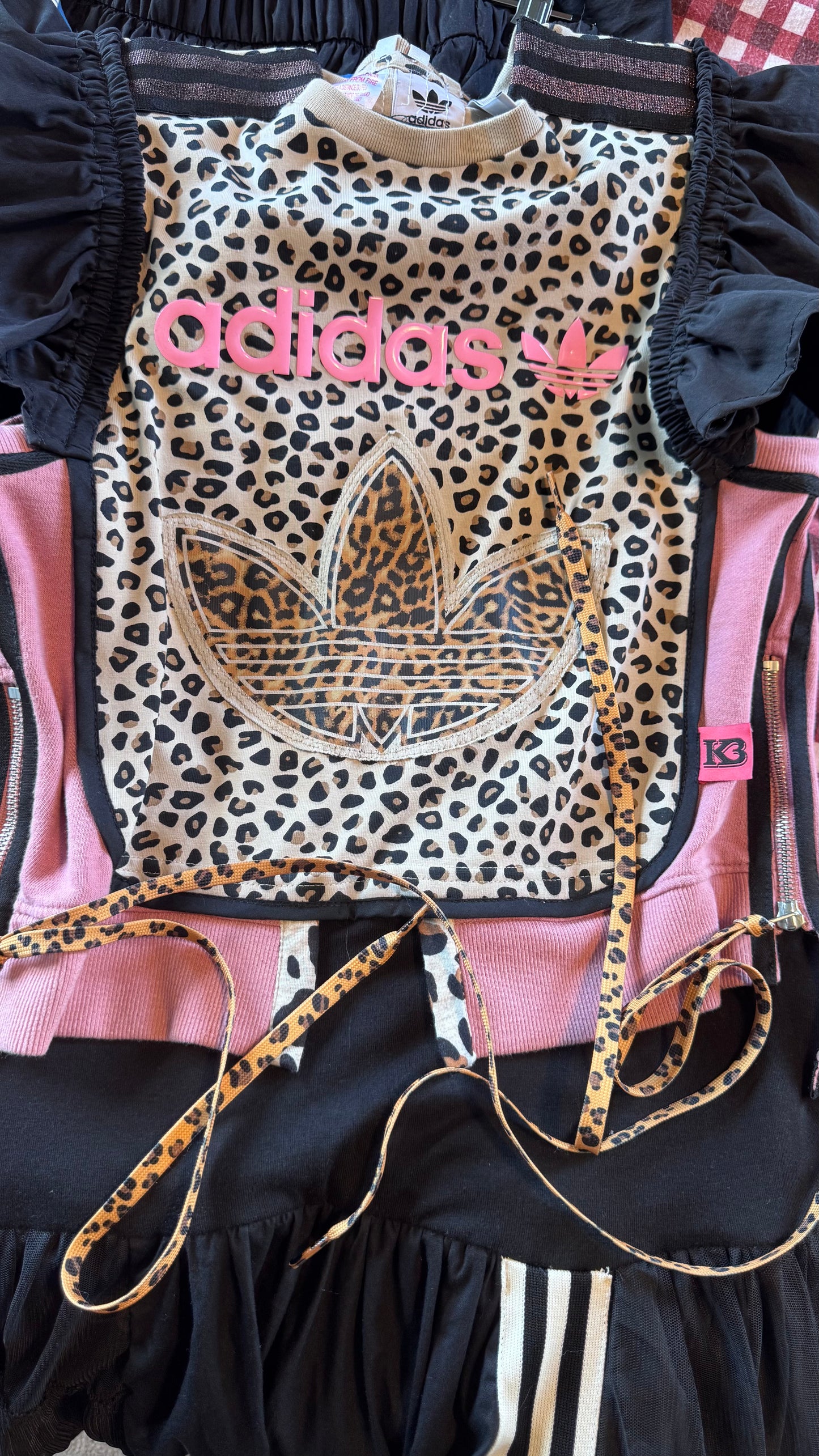 Adidas Reworked Leopard Bib Dress | Layered Tulle Maxi Dress | Pink Logo Statement Dress | Upcycled Adidas Festival Dress