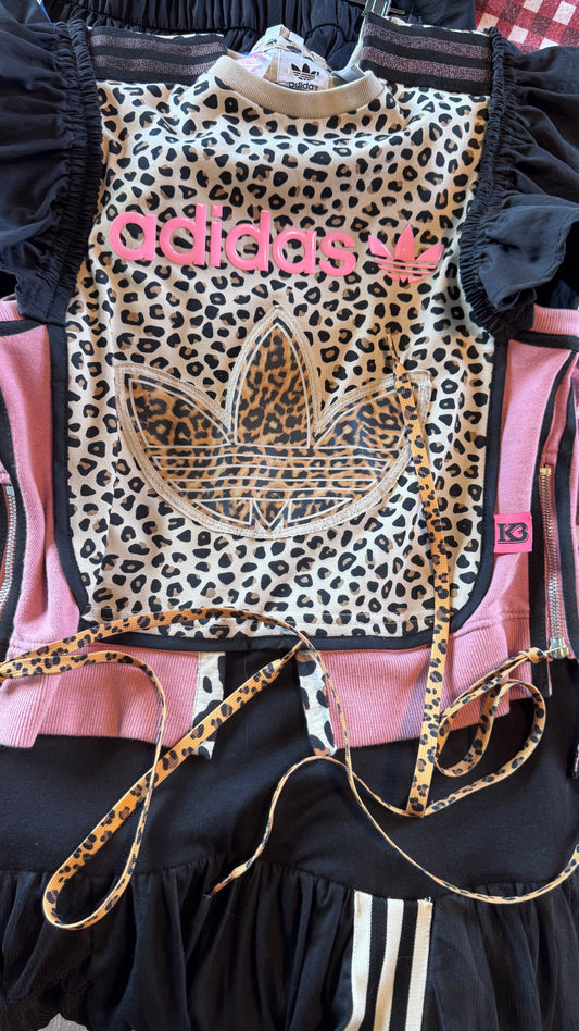 Adidas Reworked Leopard Bib Dress | Layered Tulle Maxi Dress | Pink Logo Statement Dress | Upcycled Adidas Festival Dress