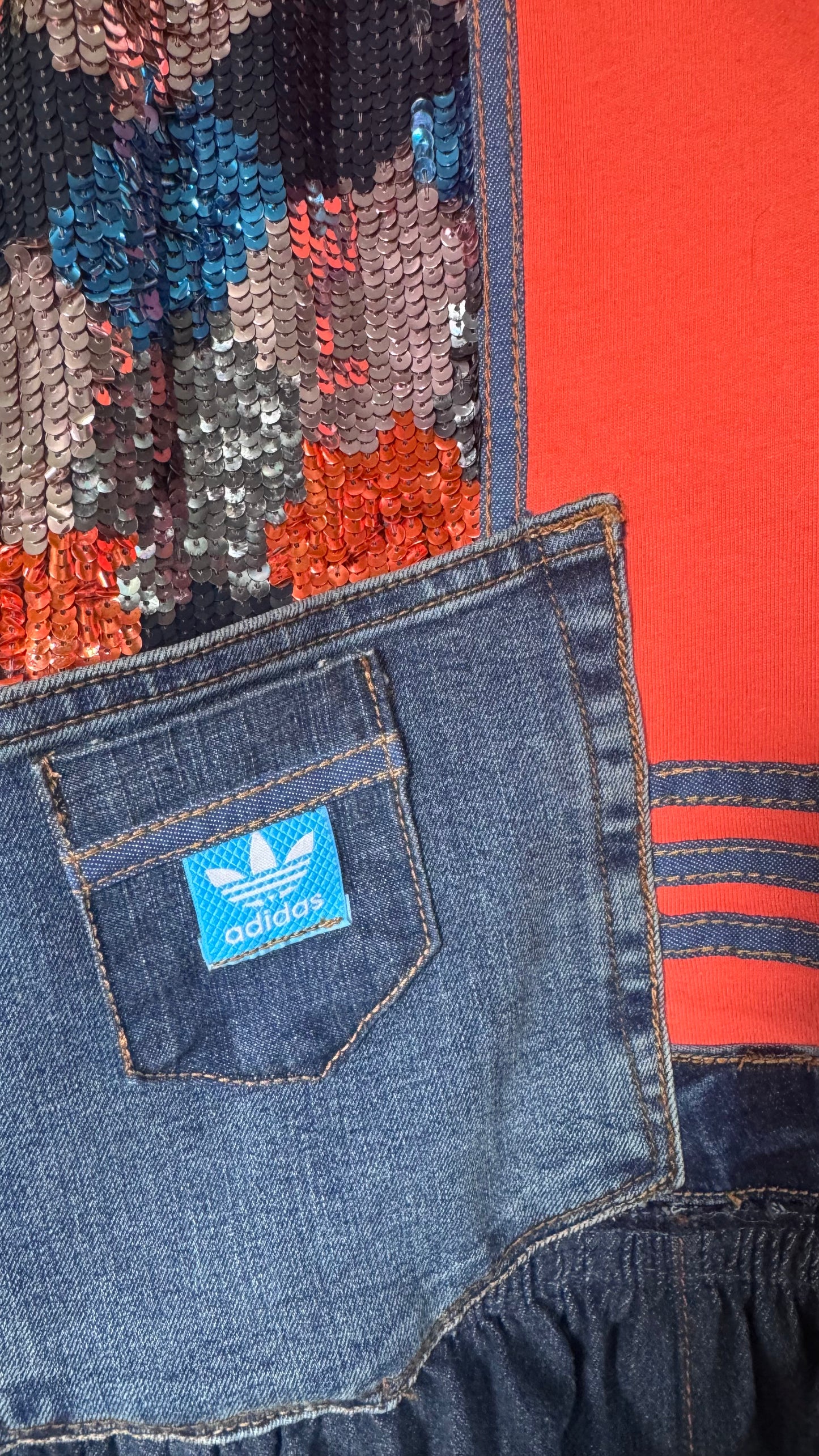 Reworked Adidas Denim & Sequin Mini Dress/adidas | Festival Dress | Puff Sleeve | One of a Kind Upcycled Fashion