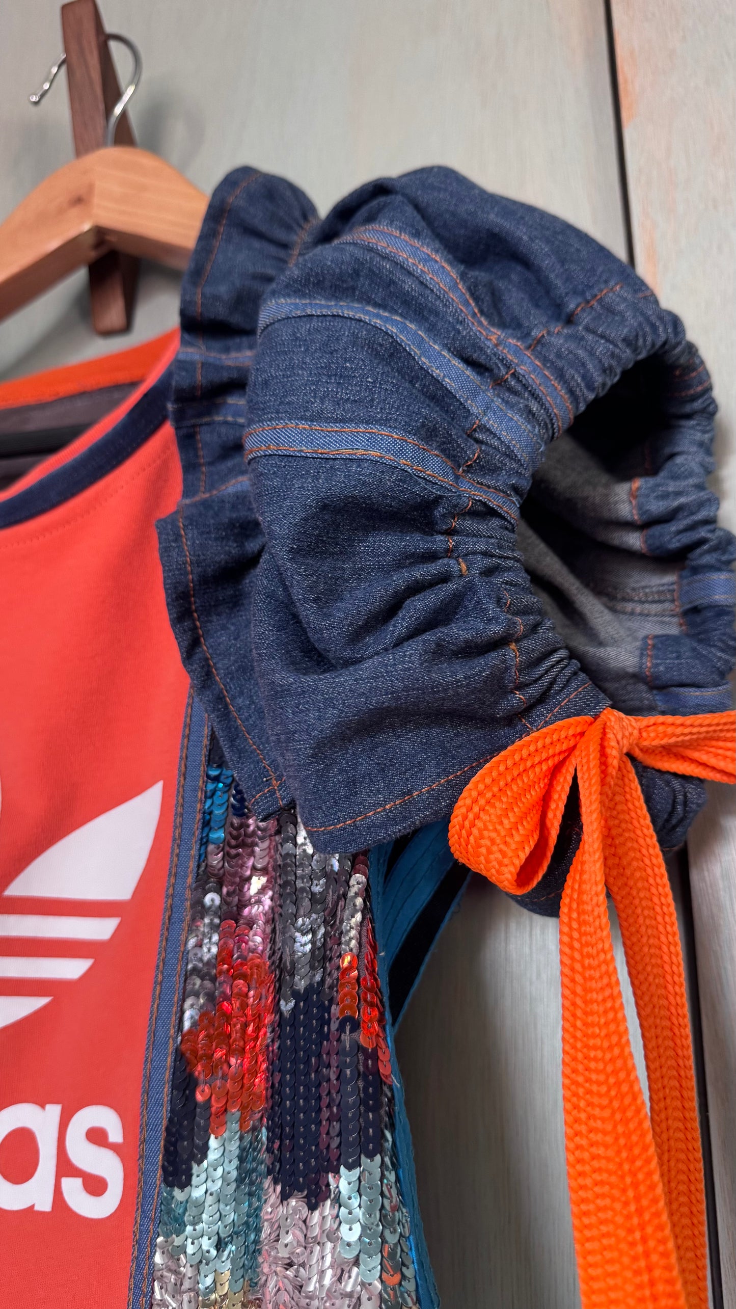 Reworked Adidas Denim & Sequin Mini Dress/adidas | Festival Dress | Puff Sleeve | One of a Kind Upcycled Fashion