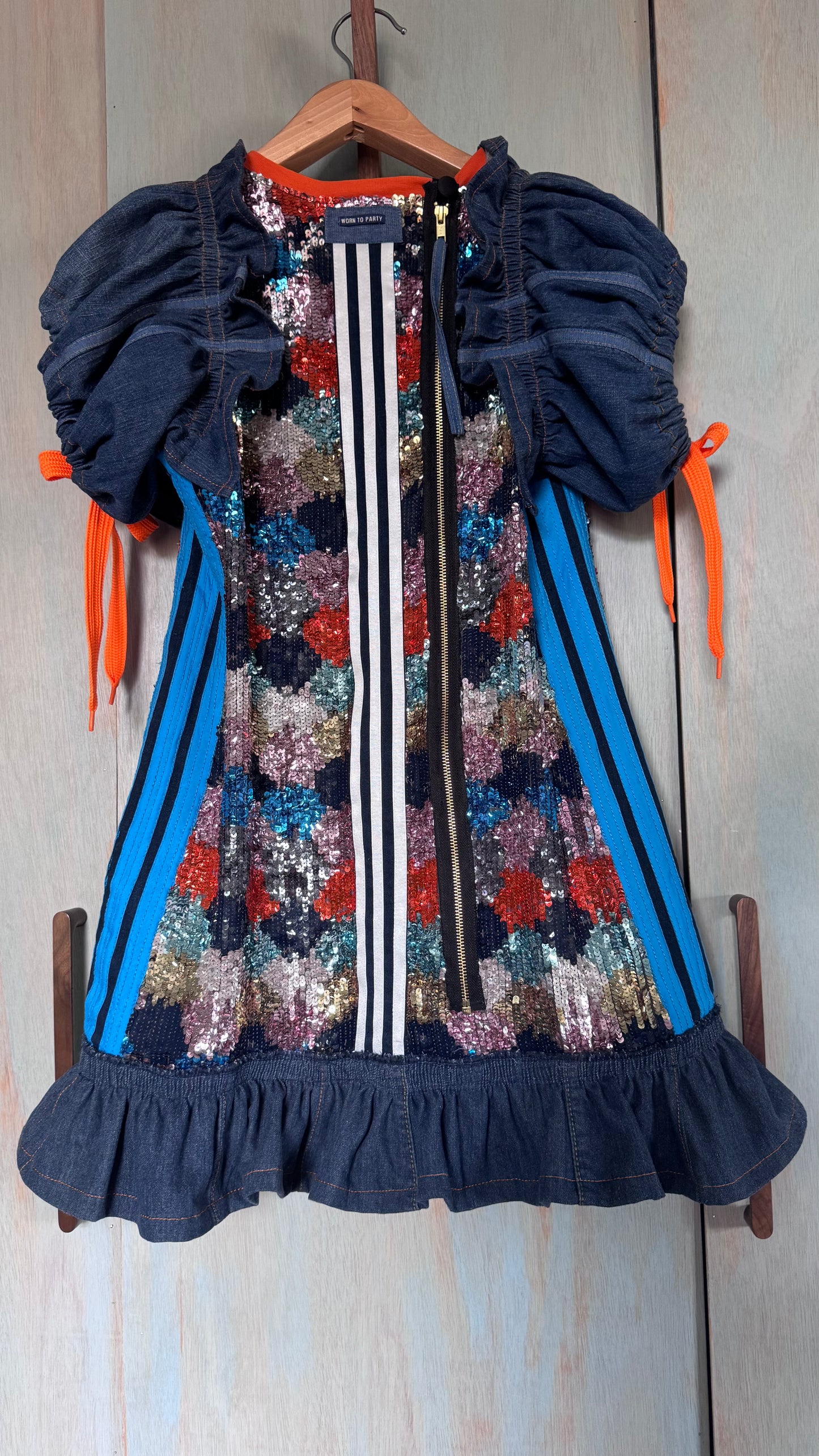 Reworked Adidas Denim & Sequin Mini Dress/adidas | Festival Dress | Puff Sleeve | One of a Kind Upcycled Fashion
