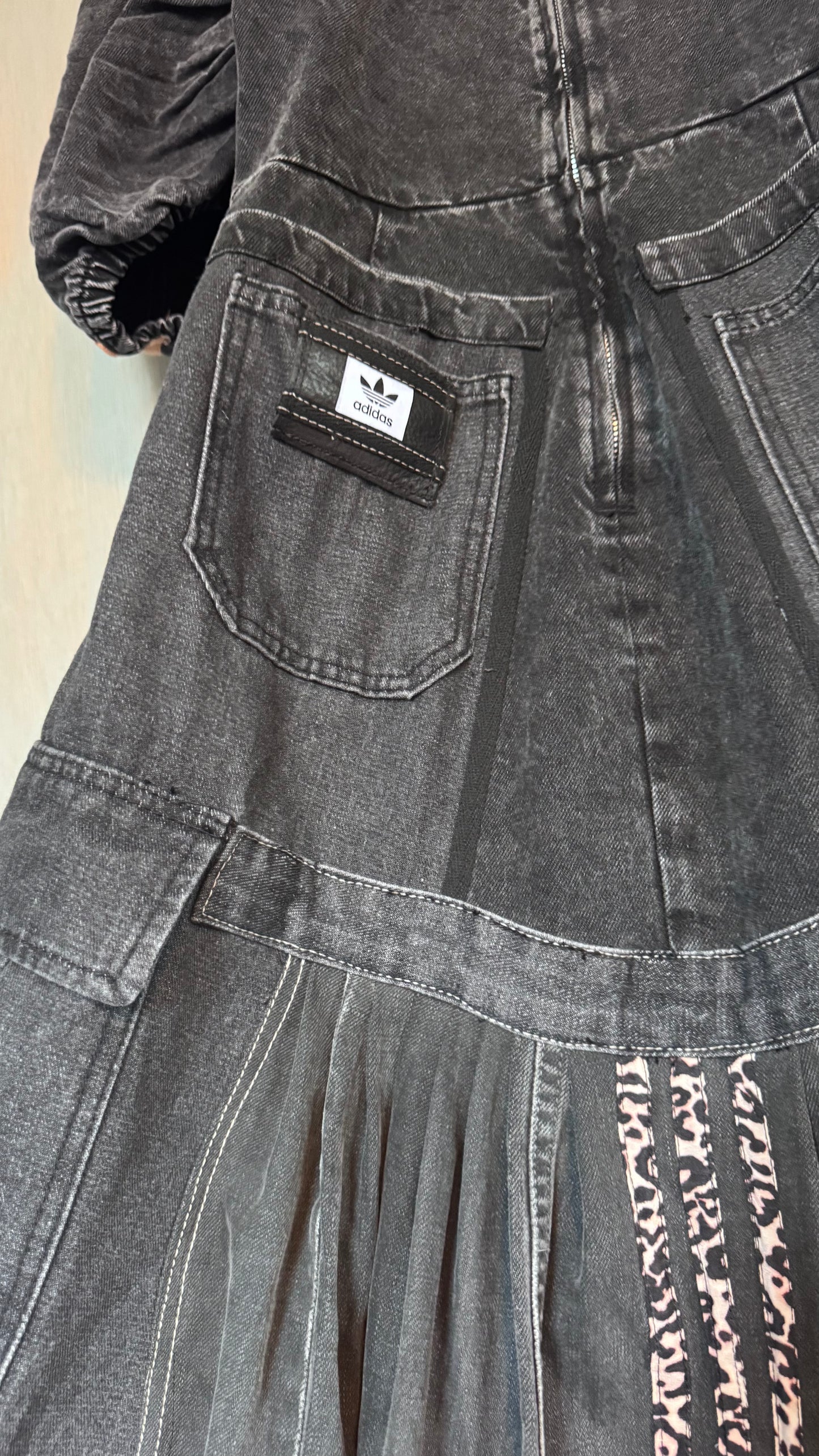 denim corset style dress with leopard adidas logo