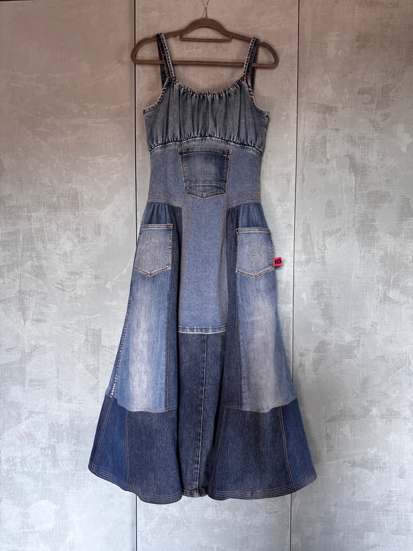 Denim maxi dress, multi tone denim, dog and cat pockets