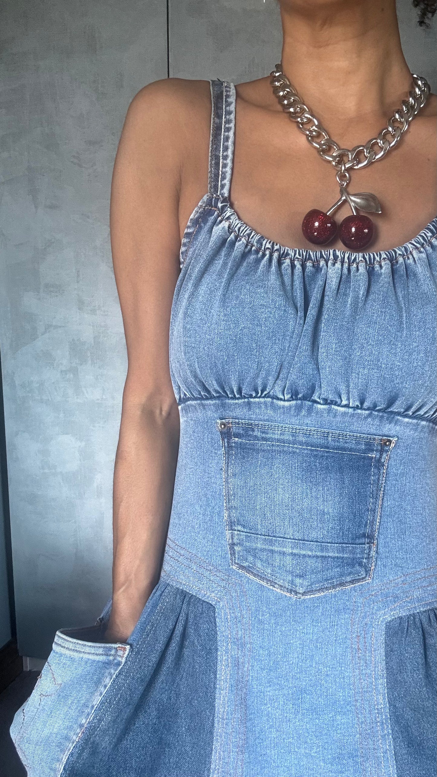 Denim maxi dress, multi tone denim, dog and cat pockets