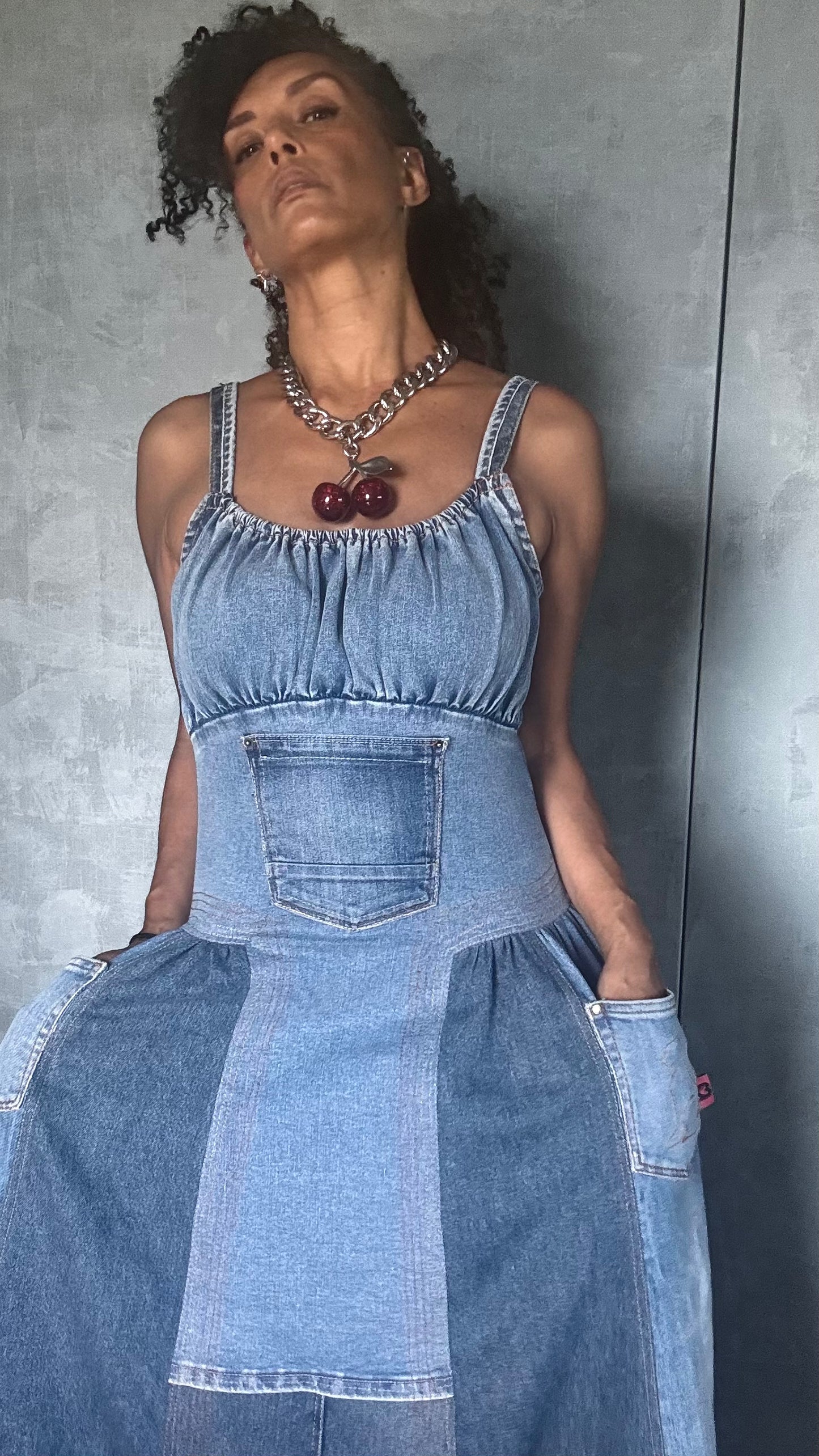 Denim maxi dress, multi tone denim, dog and cat pockets