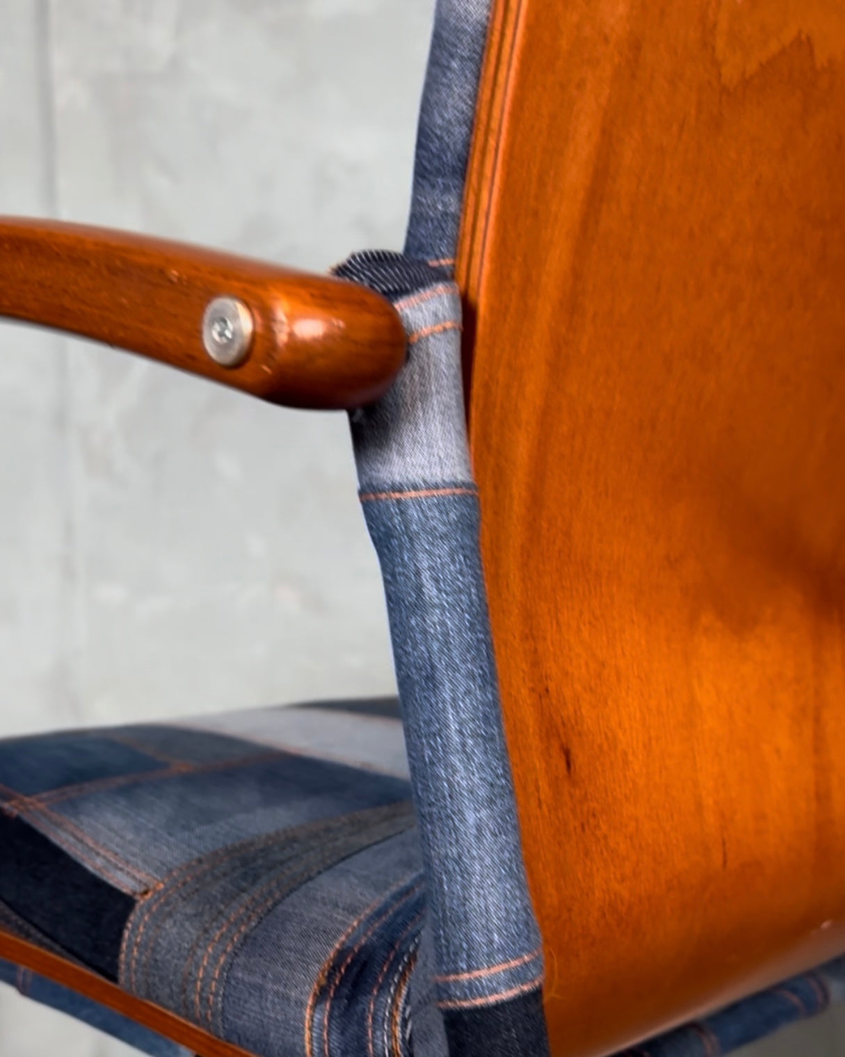 Denim chair with embroidered bird, patchwork denim, office chair