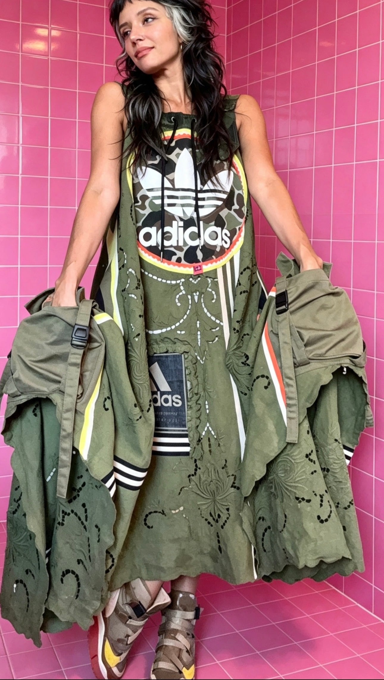 Khaki Camo Adidas Lace Dress | Handmade Upcycled Festival Dress | One Size Utility Swing Dress