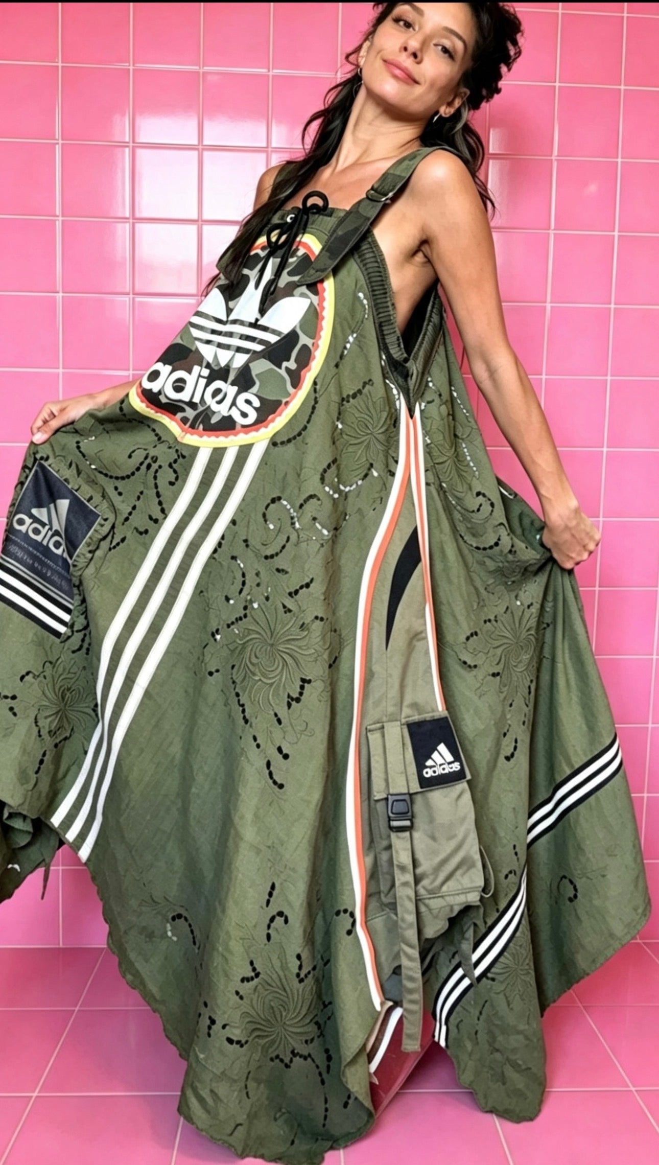 Khaki Camo Adidas Lace Dress | Handmade Upcycled Festival Dress | One Size Utility Swing Dress