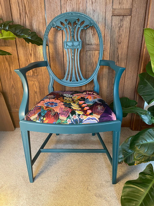 Vintage repro Hepplewhite chair covered in Studio Coverdale velvet