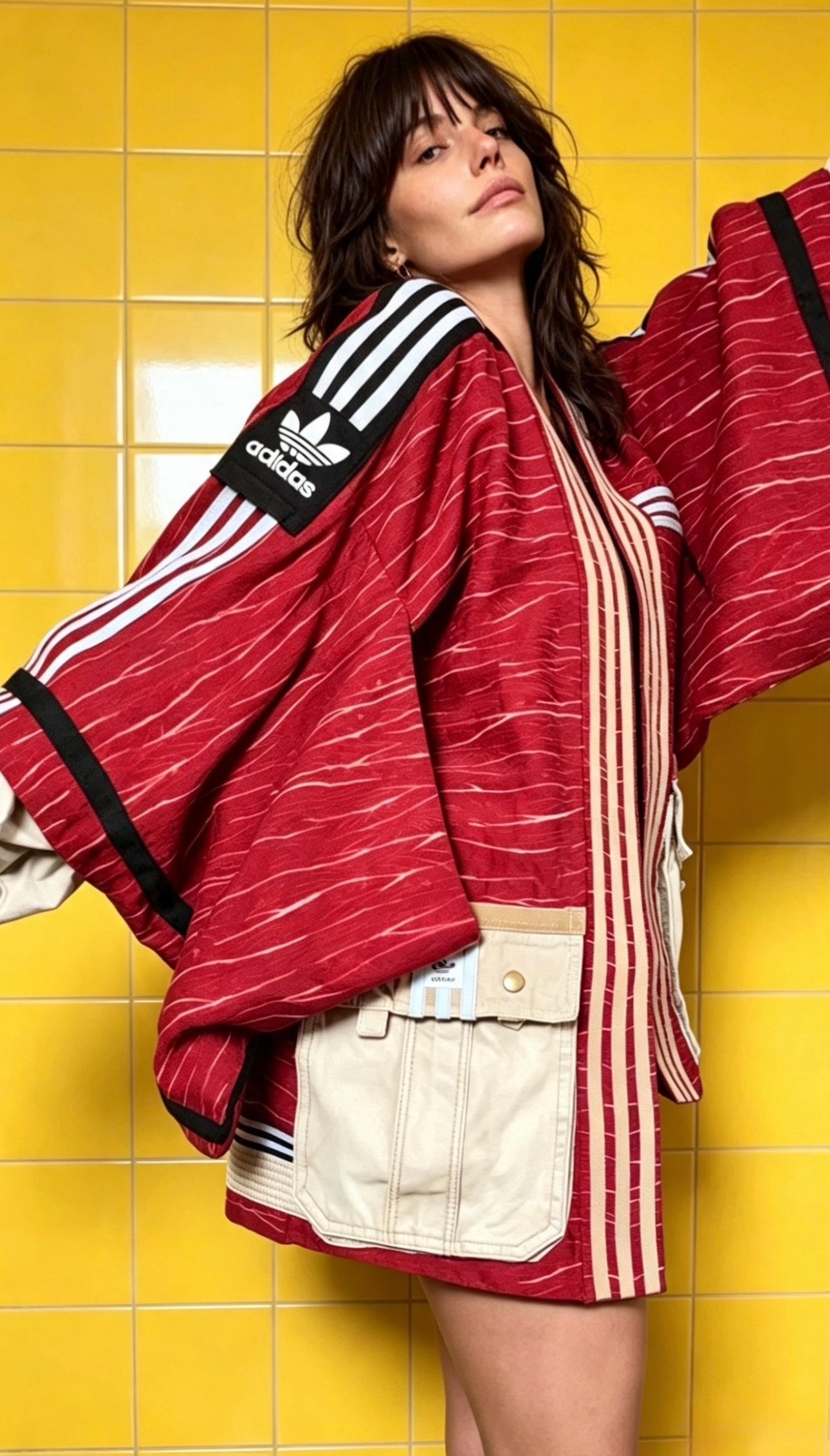 Deep Red Soft Washed Silk Kimono Cargo Jacket | Handmade Reworked Adidas Luxury Streetwear