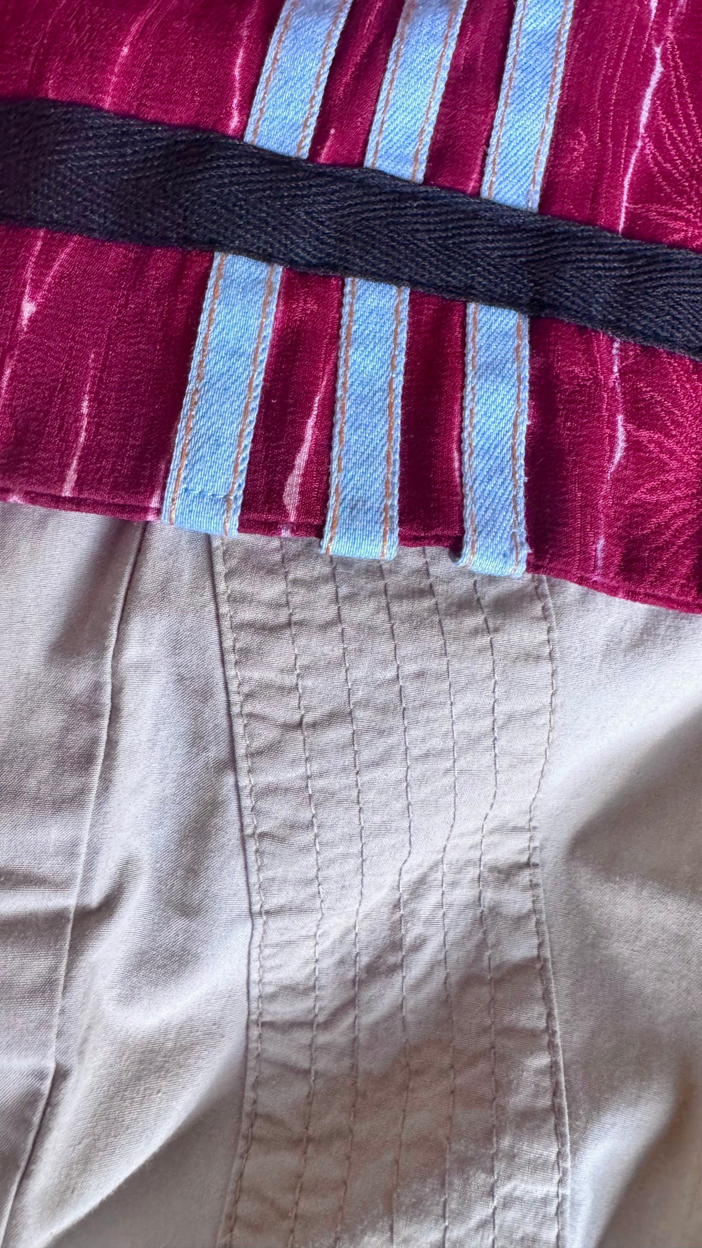 Dusky Pink Kimono with Olive green cargo pocket and blue stripeDusky Pink Textured Silk Kimono Cargo Jacket | Reworked Designer-Inspired Statement Piece