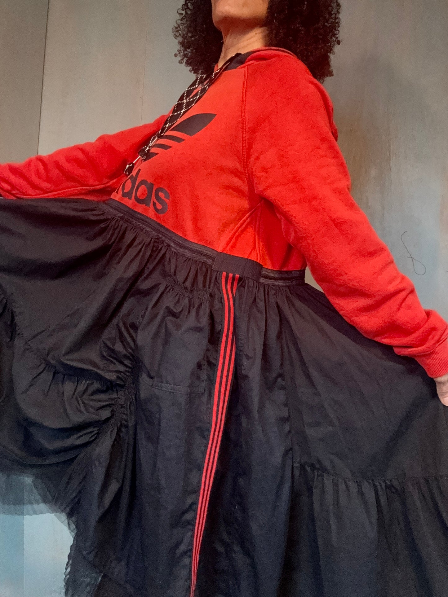 Adidas Orange Hooded Jersey &amp; Poplin Cotton Mix Dress with Tulle Hem – Oversized