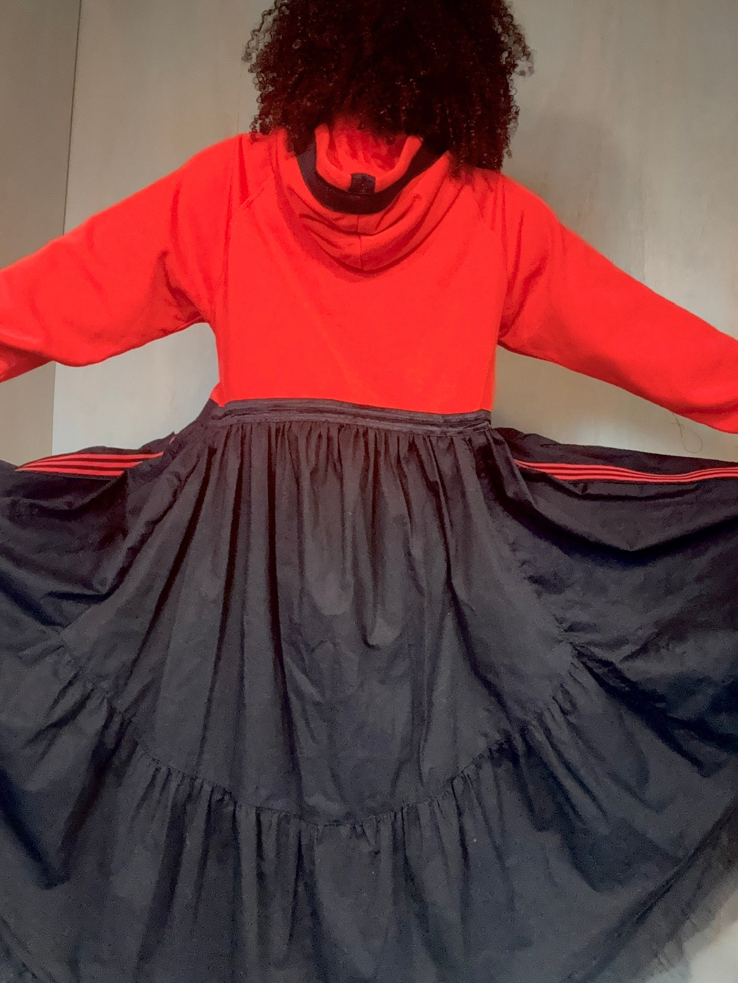 Adidas Orange Hooded Jersey &amp; Poplin Cotton Mix Dress with Tulle Hem – Oversized