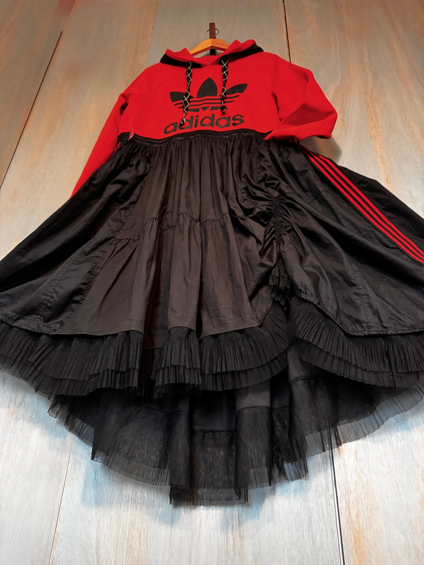 Adidas Orange Hooded Jersey &amp; Poplin Cotton Mix Dress with Tulle Hem – Oversized