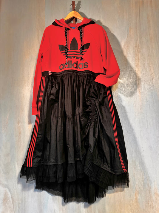 Adidas Orange Hooded Jersey &amp; Poplin Cotton Mix Dress with Tulle Hem – Oversized