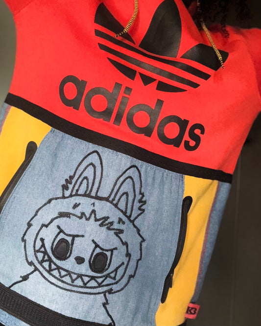 Labubu hoodie with embroidered Labubu, Adidas hybrid.