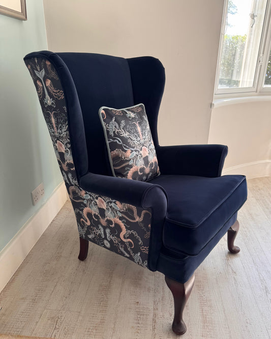 Parker Knoll wing back reupholstered in Becca Who Ocean Treasures velvet