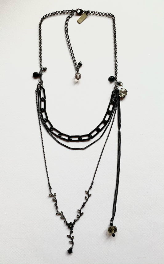 Black multi chain drop necklace with gems