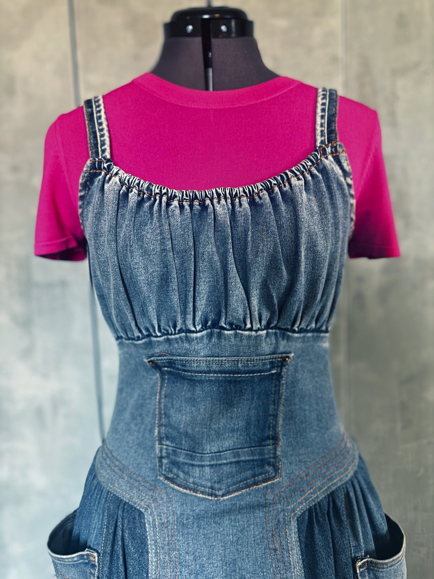 Denim maxi dress, multi tone denim, dog and cat pockets