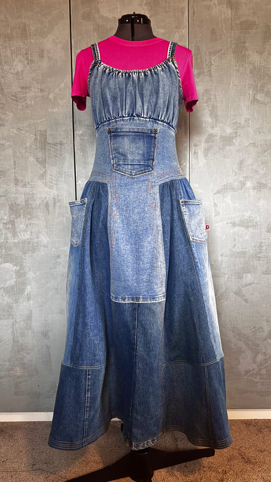 Denim maxi dress, multi tone denim, dog and cat pockets