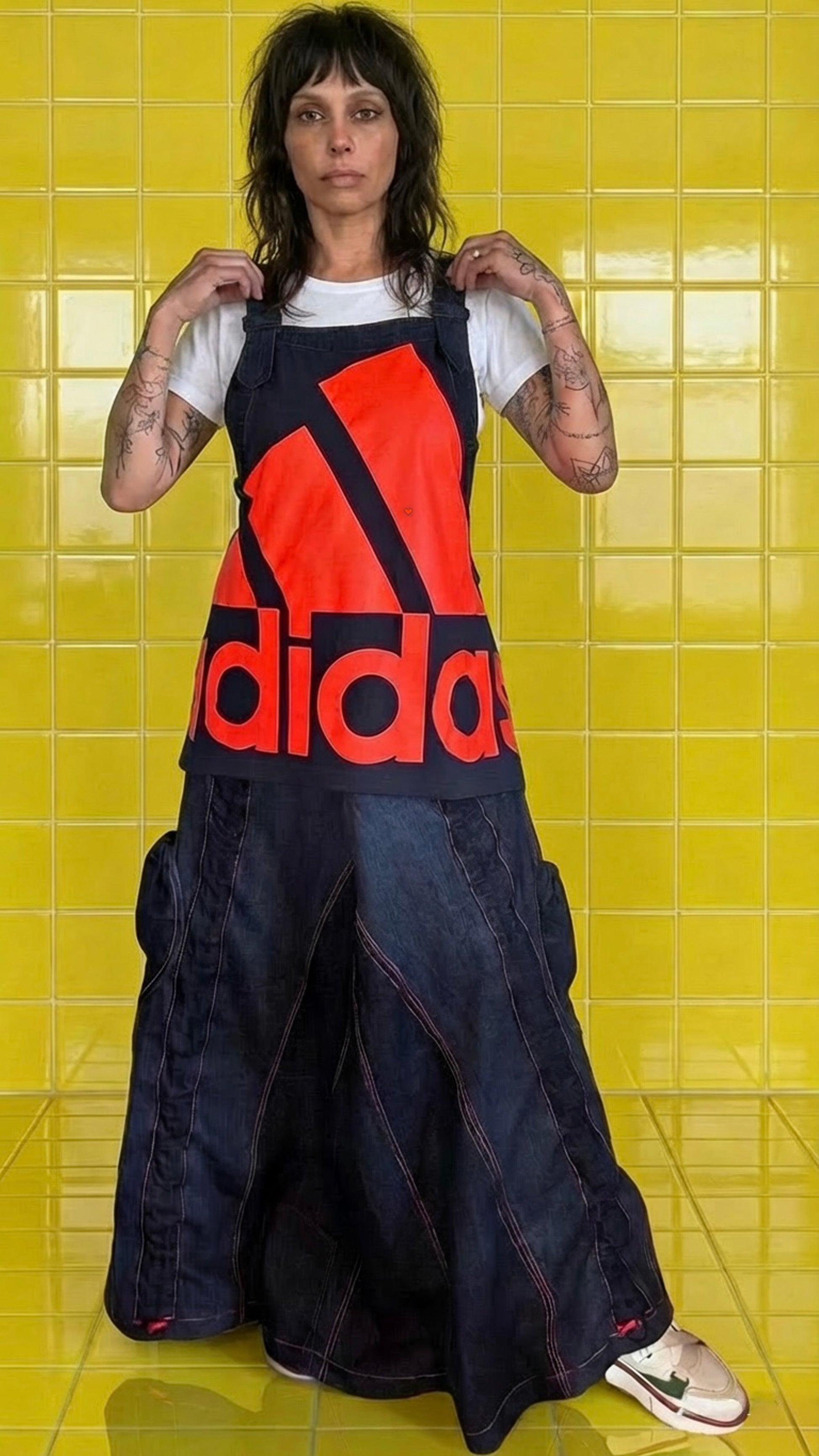 A one-of-a-kind reworked Adidas denim pinafore dress, created from qua – Kind Beginning
