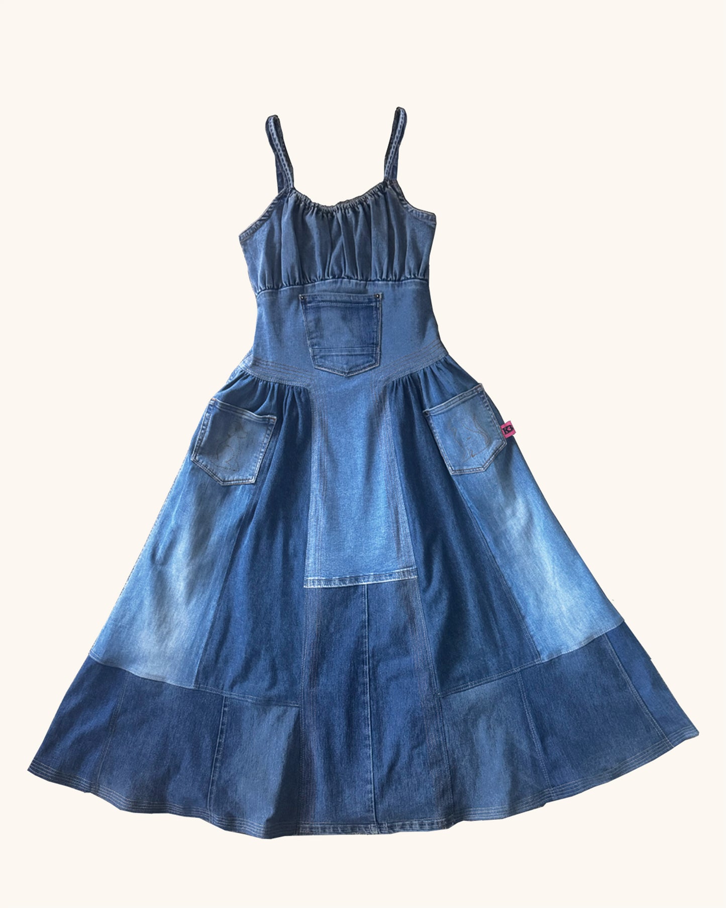 Denim maxi dress, multi tone denim, dog and cat pockets