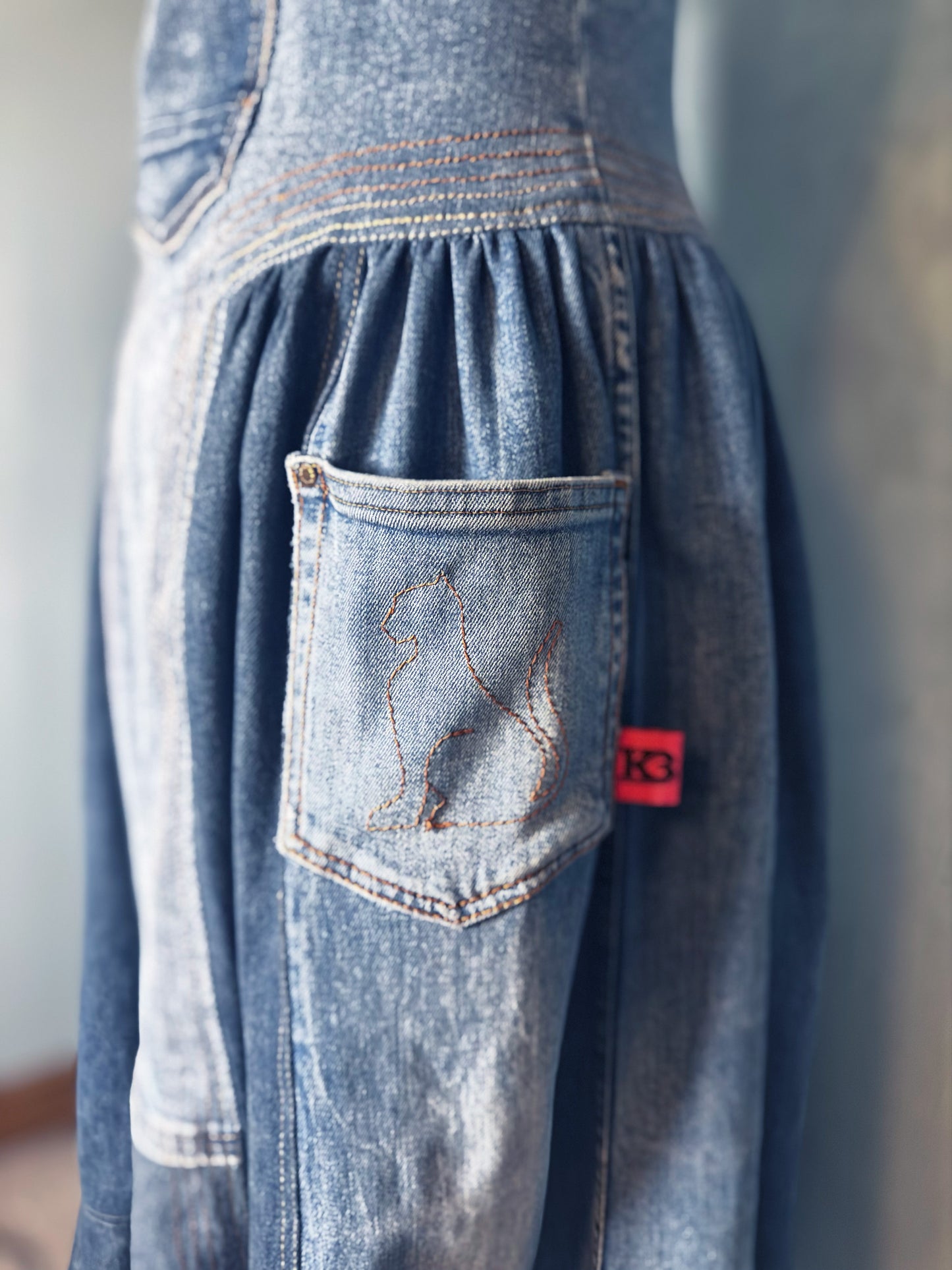 Denim maxi dress, multi tone denim, dog and cat pockets