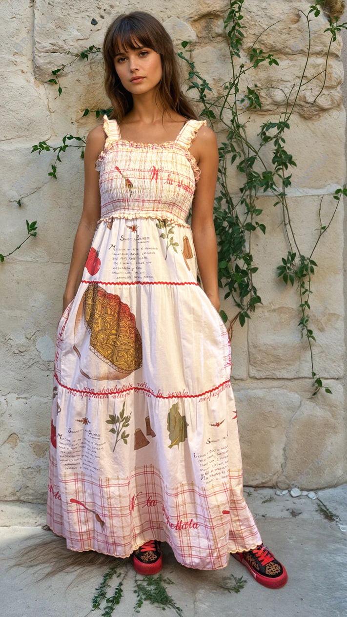 Spaghetti recipe Print dress- tiered maxi dress, shirred bodice