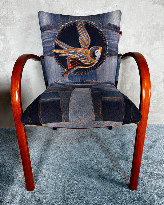 Denim chair with embroidered bird, patchwork denim, office chair