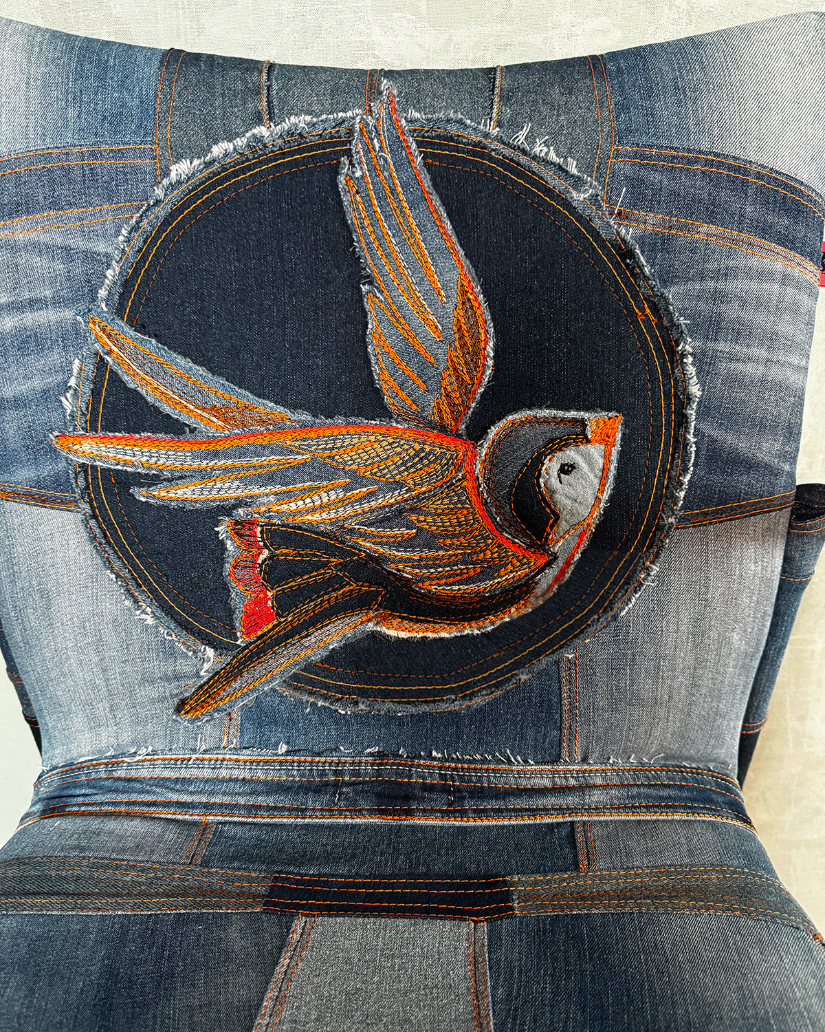 Denim chair with embroidered bird, patchwork denim, office chair