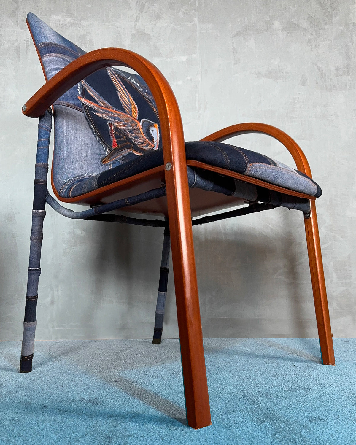Denim chair with embroidered bird, patchwork denim, office chair